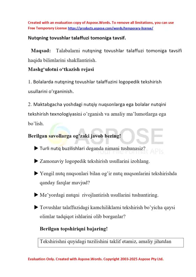 Nutqning tovushlar talaffuzi tomoniga tavsif