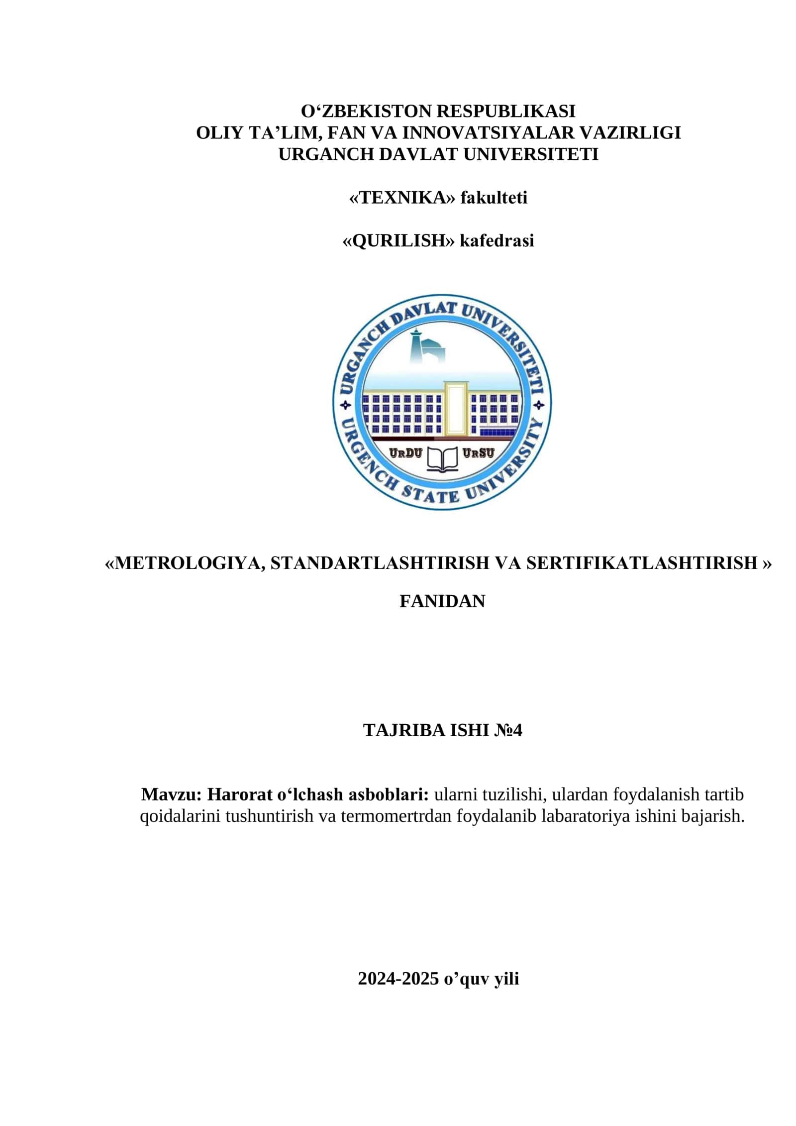 Harorat o‘lchash asboblari: ularni tuzilishi, ulardan foydalanish tartib qoidalarini tushuntirish va termomertrdan foydalanib labaratoriya ishini bajarish