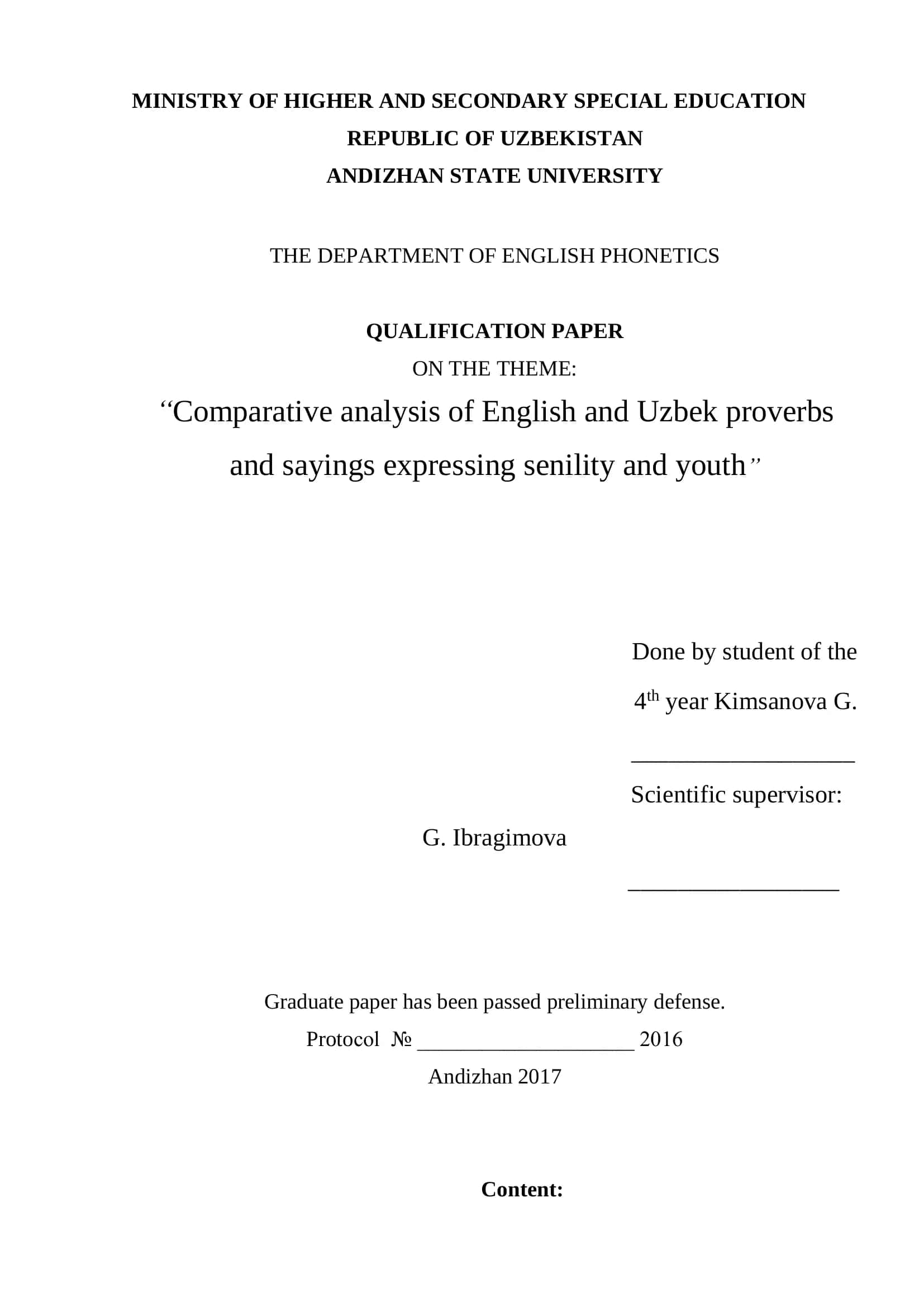 Qualification Paper on "Comparative analysis of English and Uzbek proverbs and sayings expressing senility and youth"