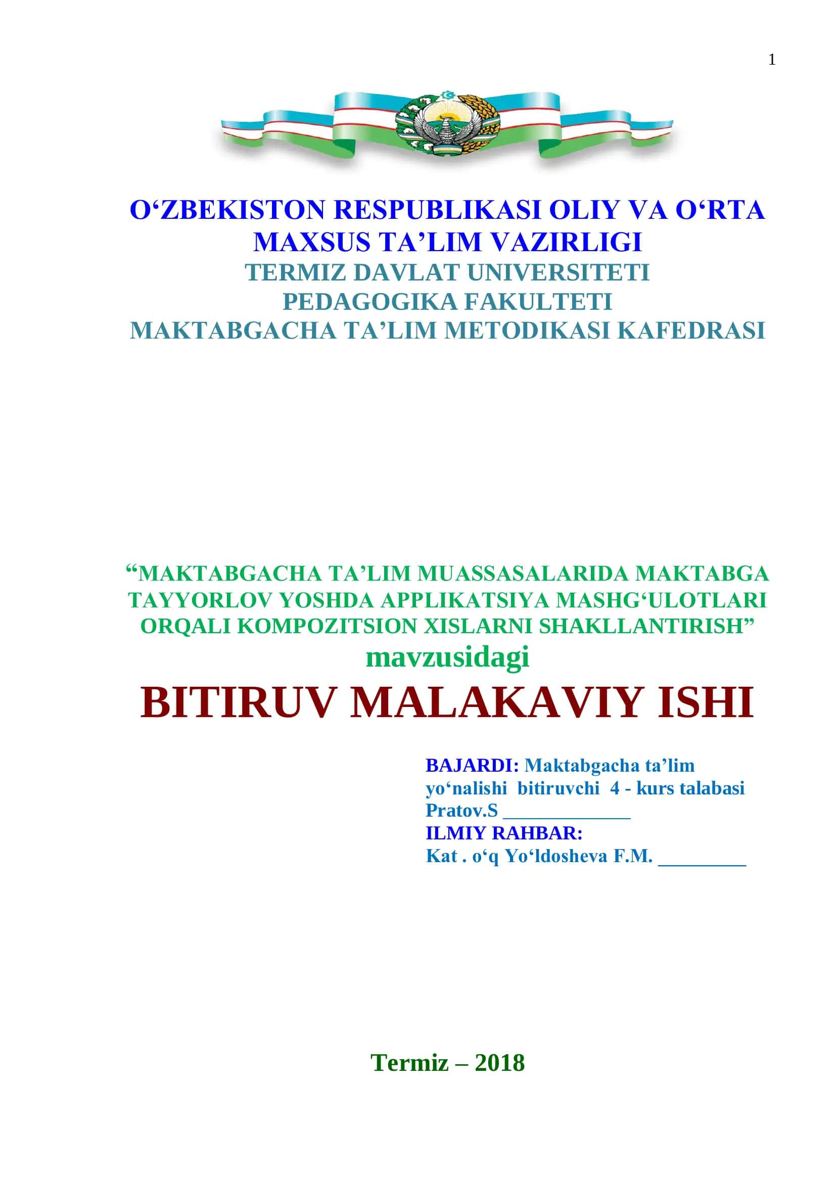 Maktabgacha ta’lim muassasalarida maktabga tayyorlov yoshda applikatsiya mashg‘ulotlari orqali kompozitsion xislatni shakllantirish