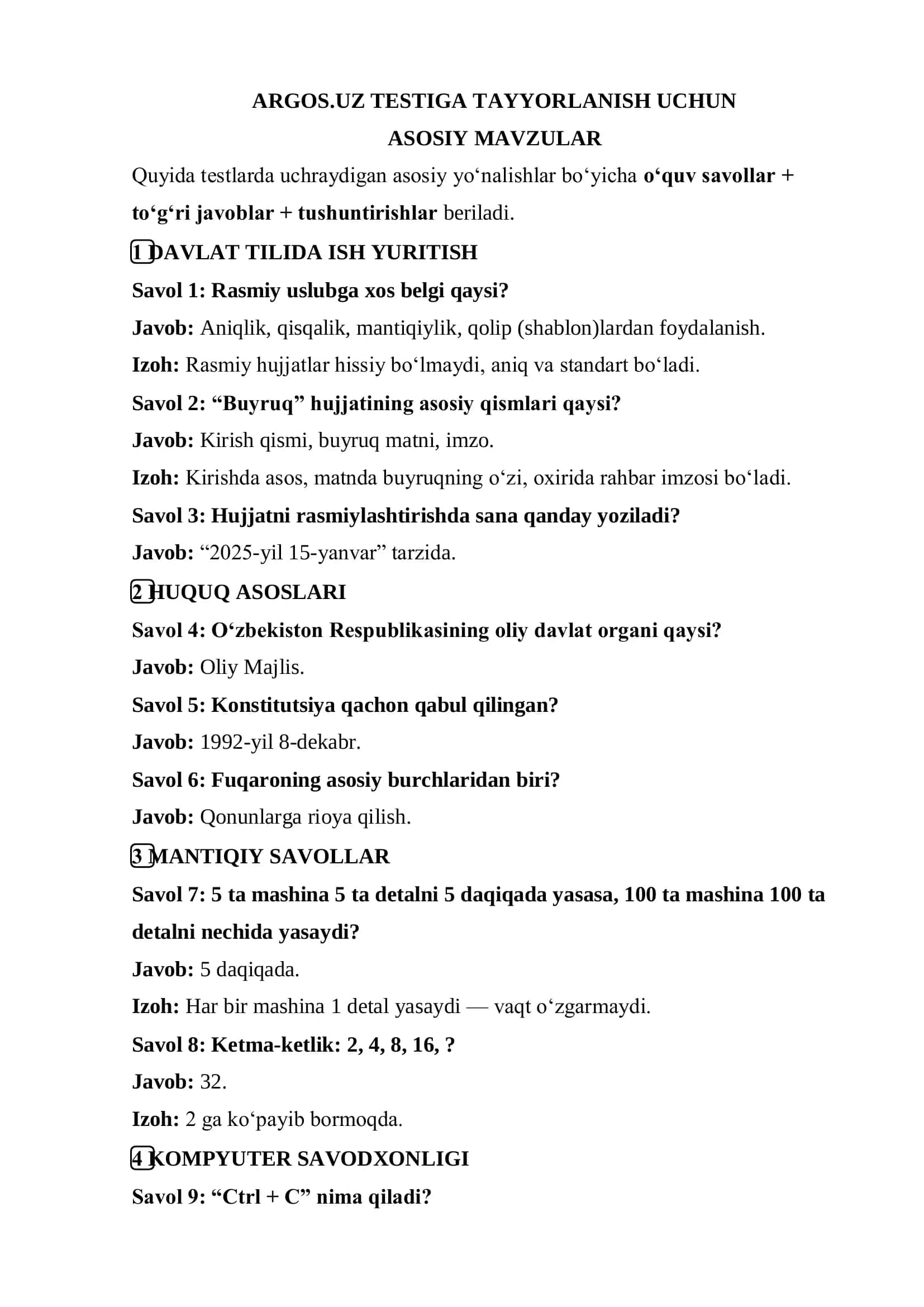ARGOS.UZ TESTIGA TAYYORLANISH UCHUN