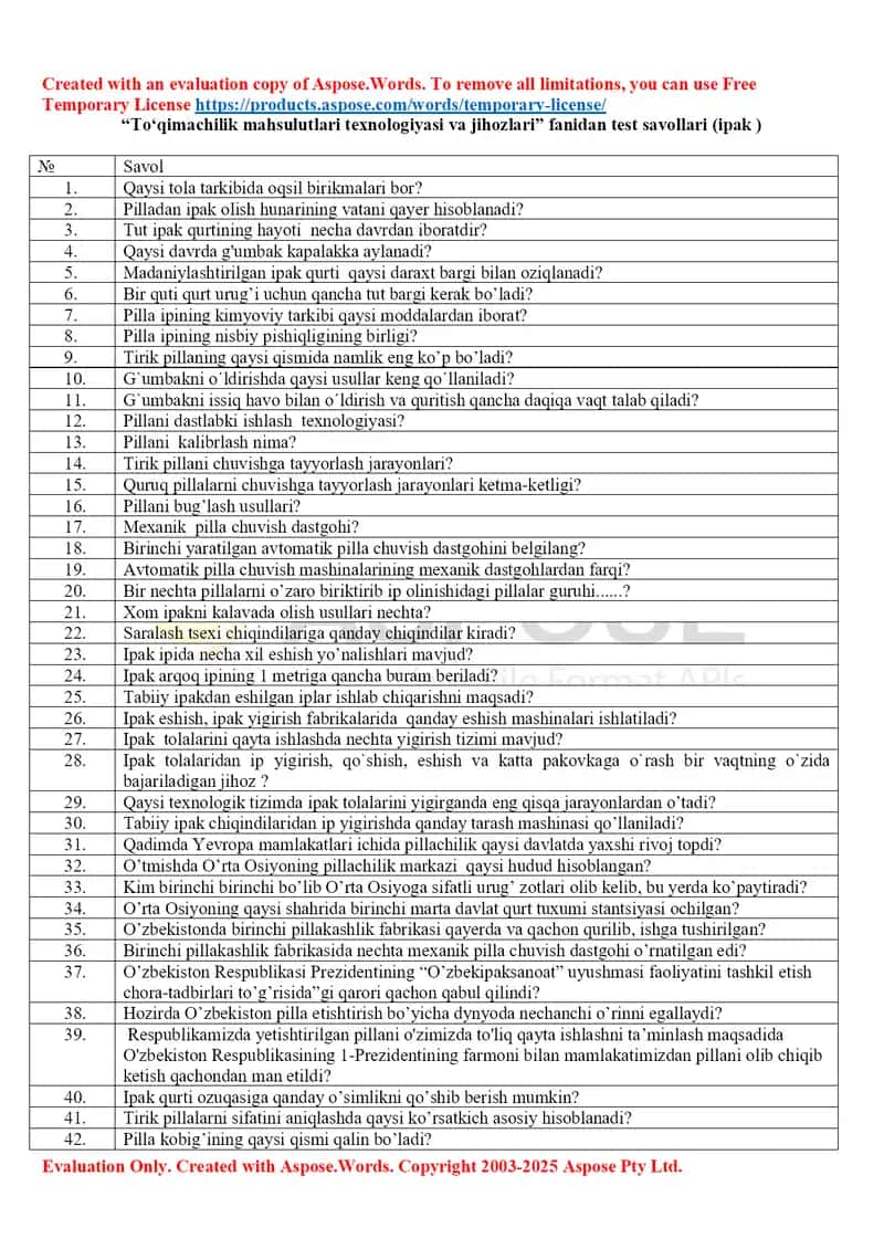 To‘qimachilik mahsulutlari texnologiyasi va jihozlari fanidan test savollari (ipak)