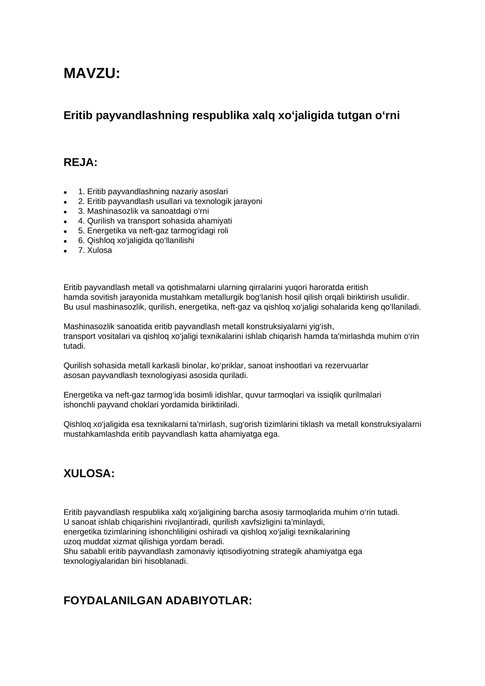 Eritib payvandlashning respublika xalq xo‘jaligida tutgan o‘rni