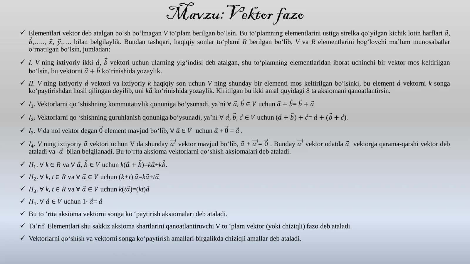 1.Vektor fazo. 2.”k” o‘lchovli tekislik. 3.“n” o‘lchovli evklid fazosi. 4.Chiziqli formalar 5.Kvadratikformalar. 6.Kvadrikaning markazi. 7.Kvadrikaningtasnifi. 8.Ortogonalalmashtirish yo‘libilan kvadratikformani kanonikko‘rinishgakeltirish. 9.Ortogonalalmashtirish yo‘libilan kvadratikformani kanonikko‘rinishgakeltirish. 10.Affin fazovaaffin koordinatalar sistemasi