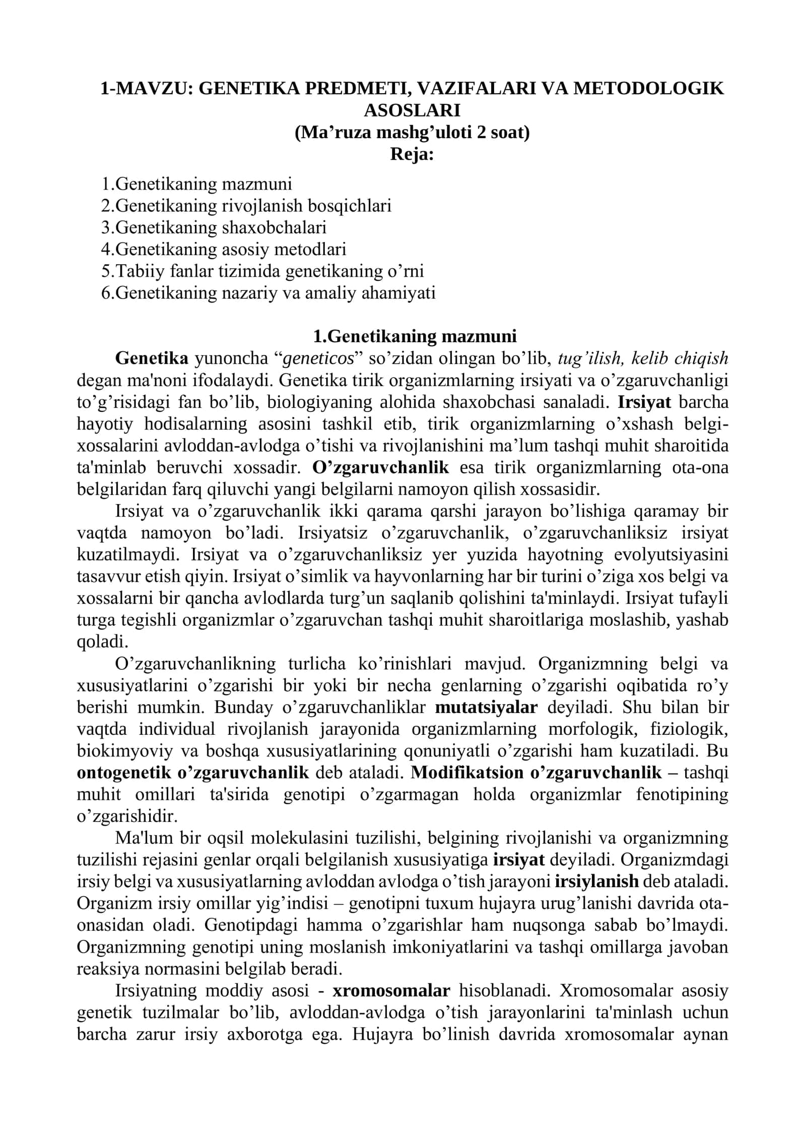 GENETIKA PREDMETI, VAZIFALARI VA METODOLOGIK ASOSLARI