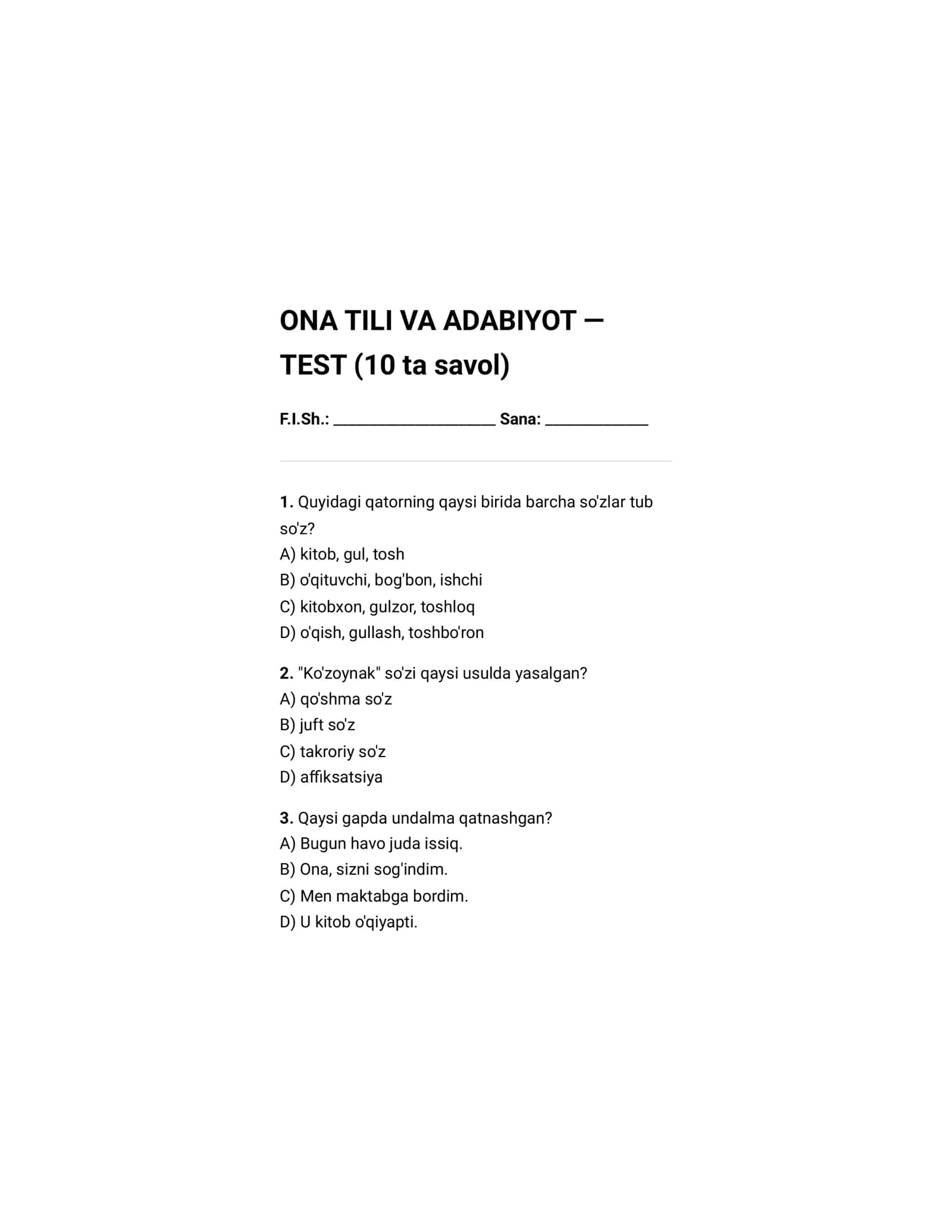 ONA TILI VA ADABIYOT TEST