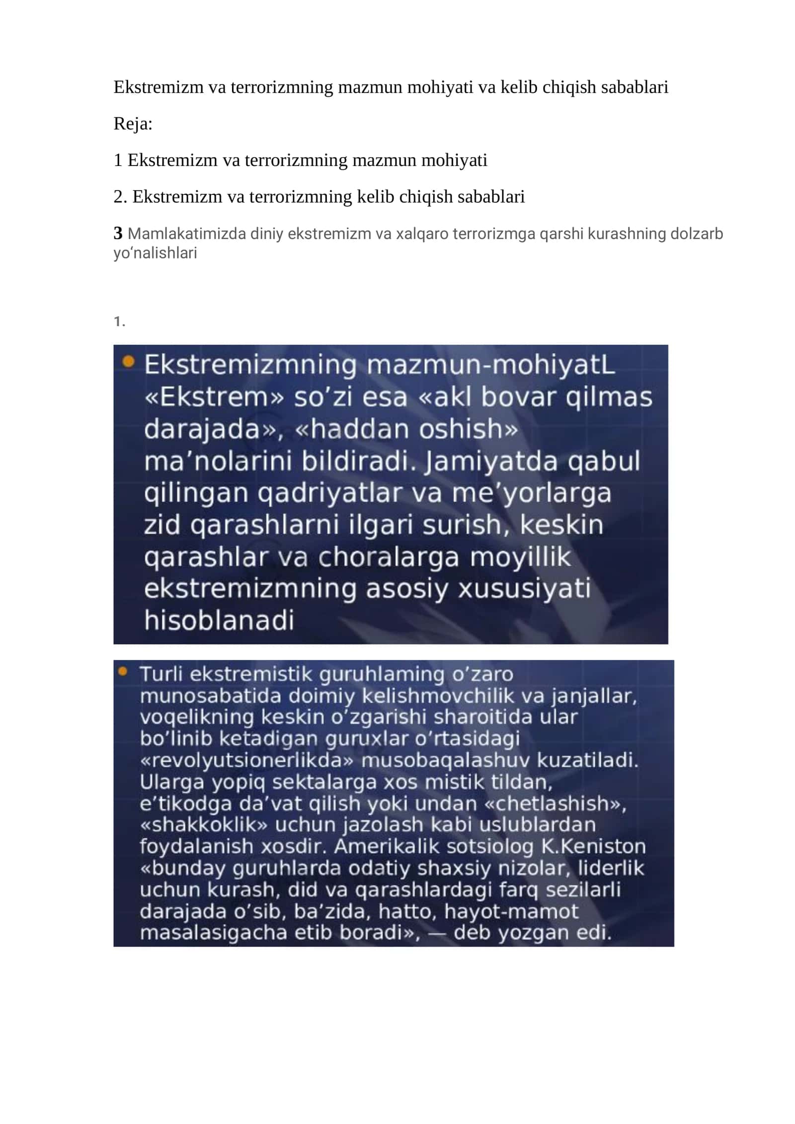 Ekstremizm va terrorizmning mazmun mohiyati va kelib chiqish sabablari