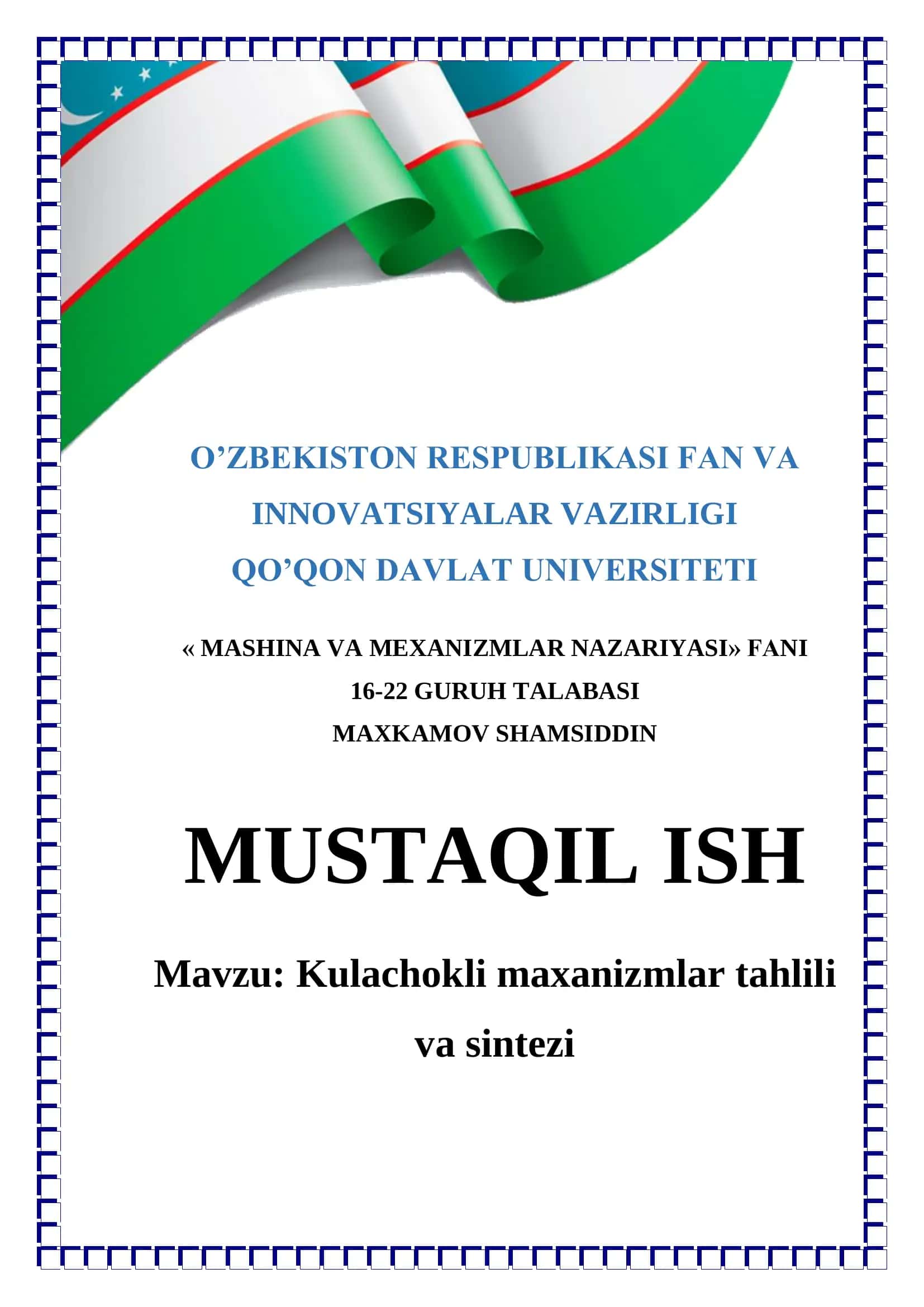 Kulachokli maxanizmlar tahlili va sintezi