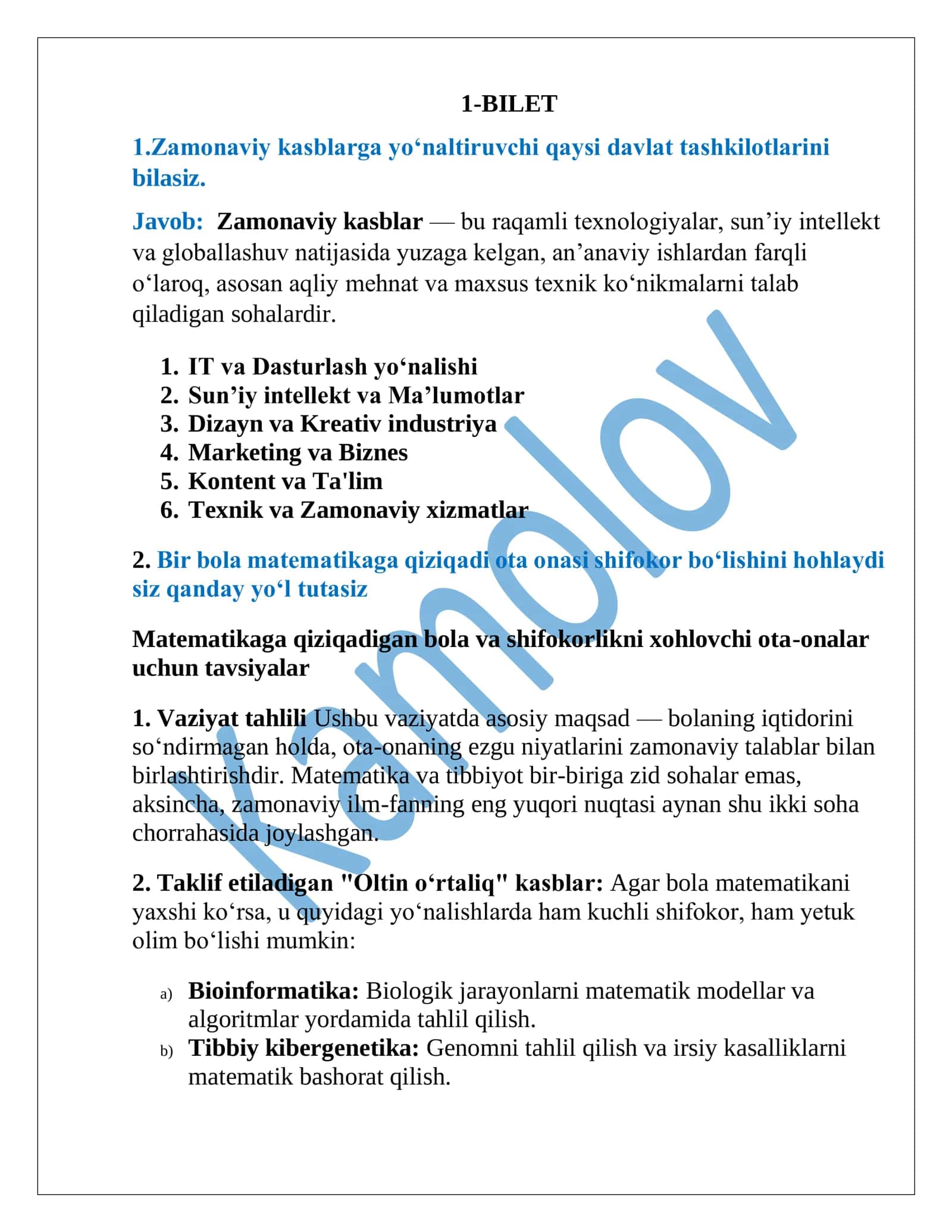 Maktab maslahatchisi suhbat biletlari va javoblari