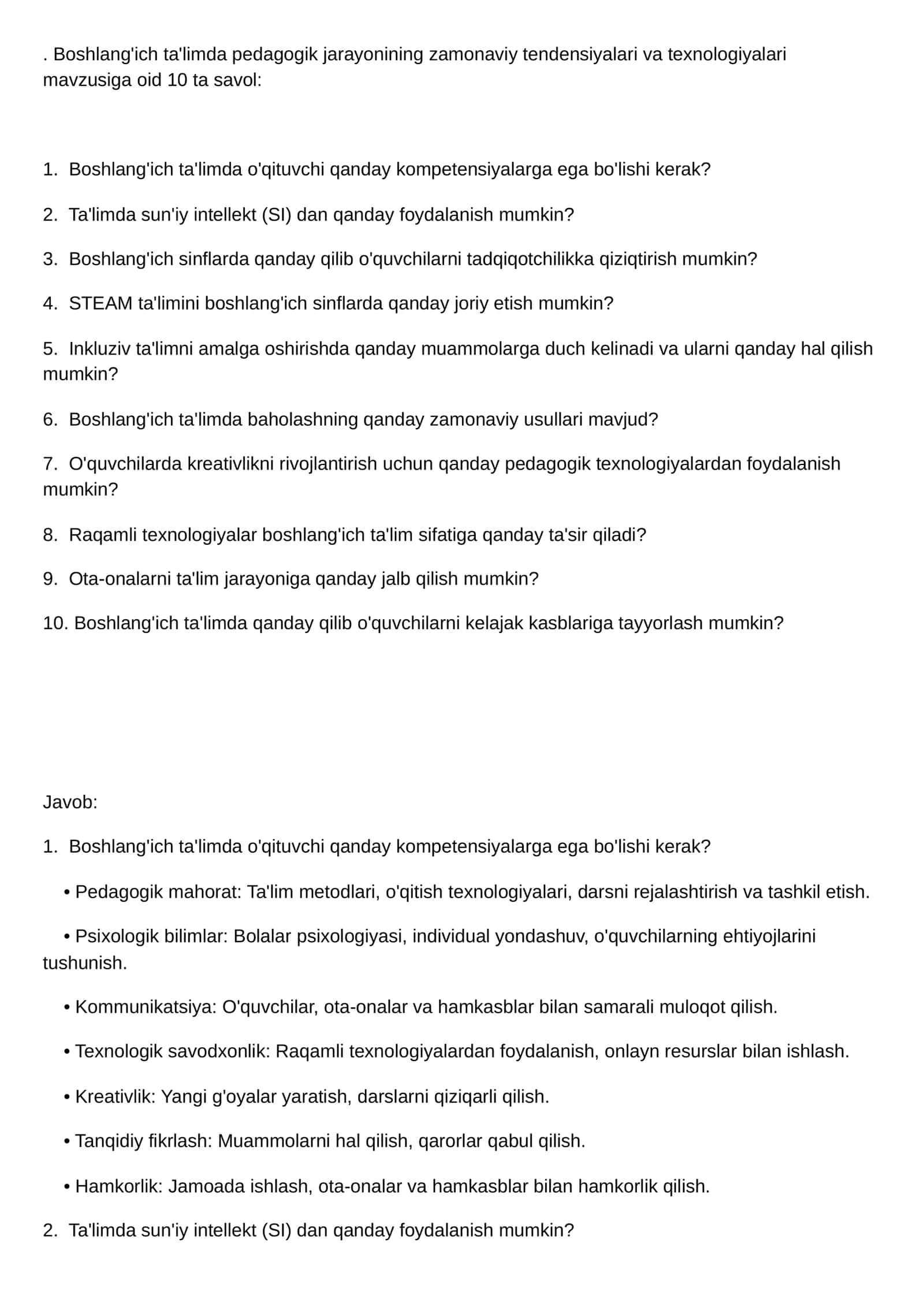 Boshlang'ich ta'limda pedagogik jarayonining zamonaviy tendensiyalari va texnologiyalari