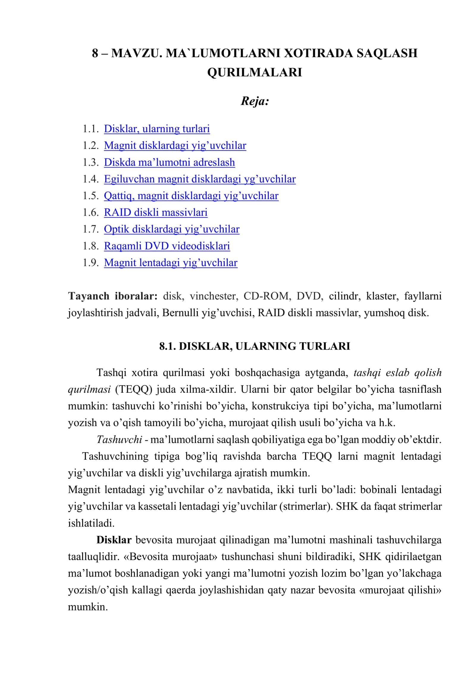 MA`LUMOTLARNI XOTIRADA SAQLASH QURILMALARI