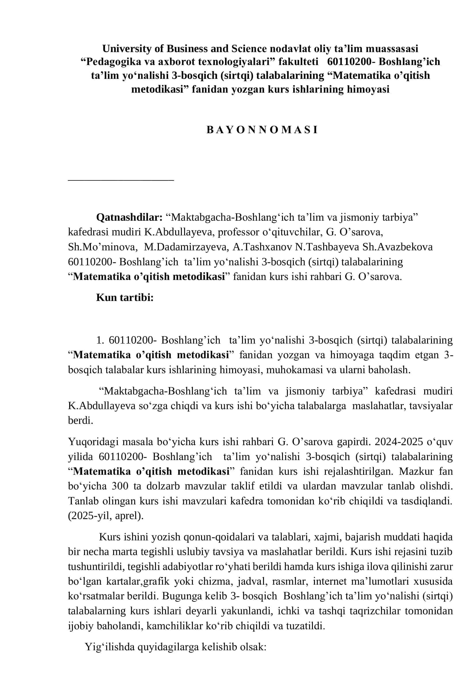 "Matematika o’qitish metodikasi"