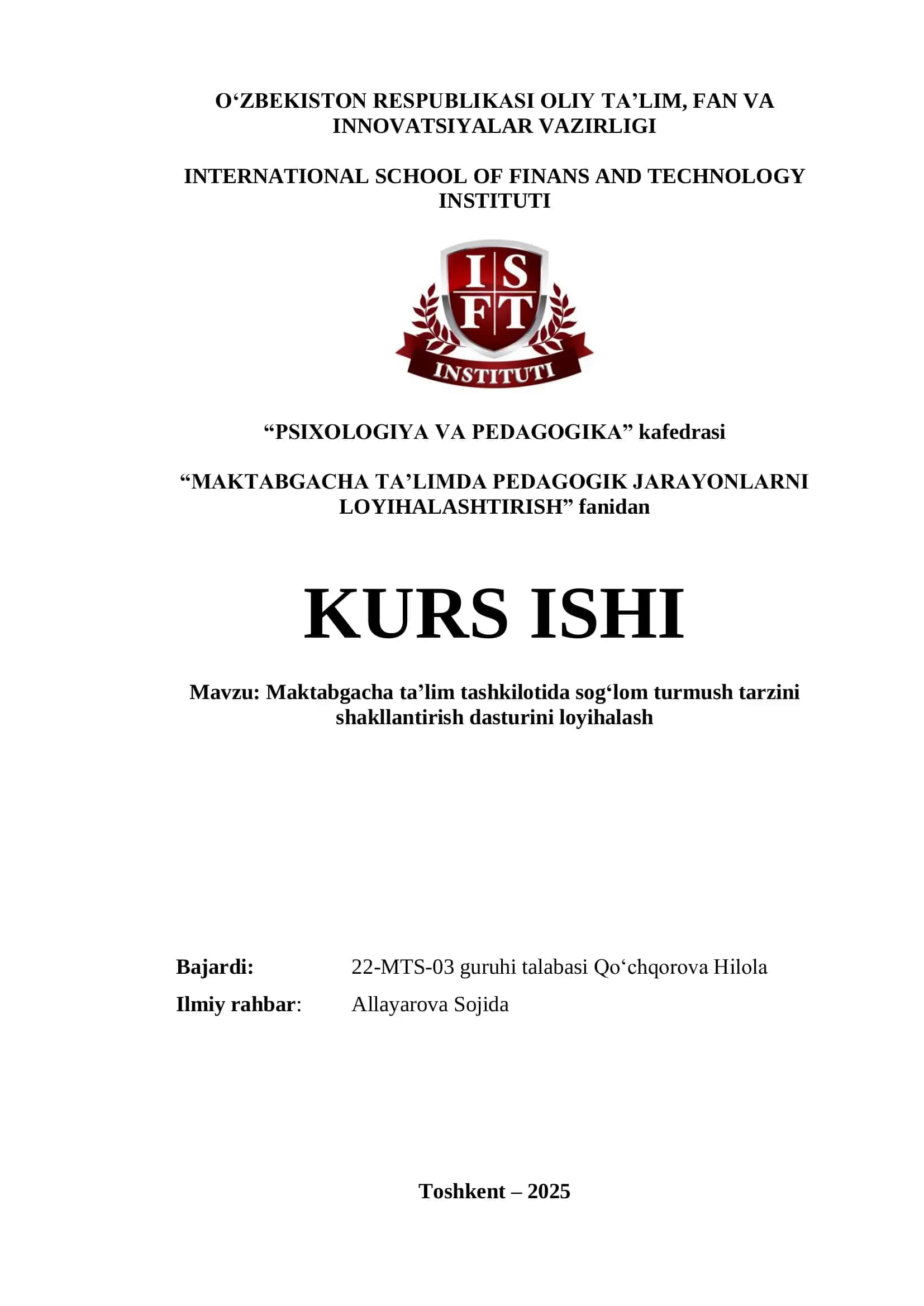 MAKTABGACHA TA’LIMDA PEDAGOGIK JARAYONLARNI LOYIHALASHTIRISH