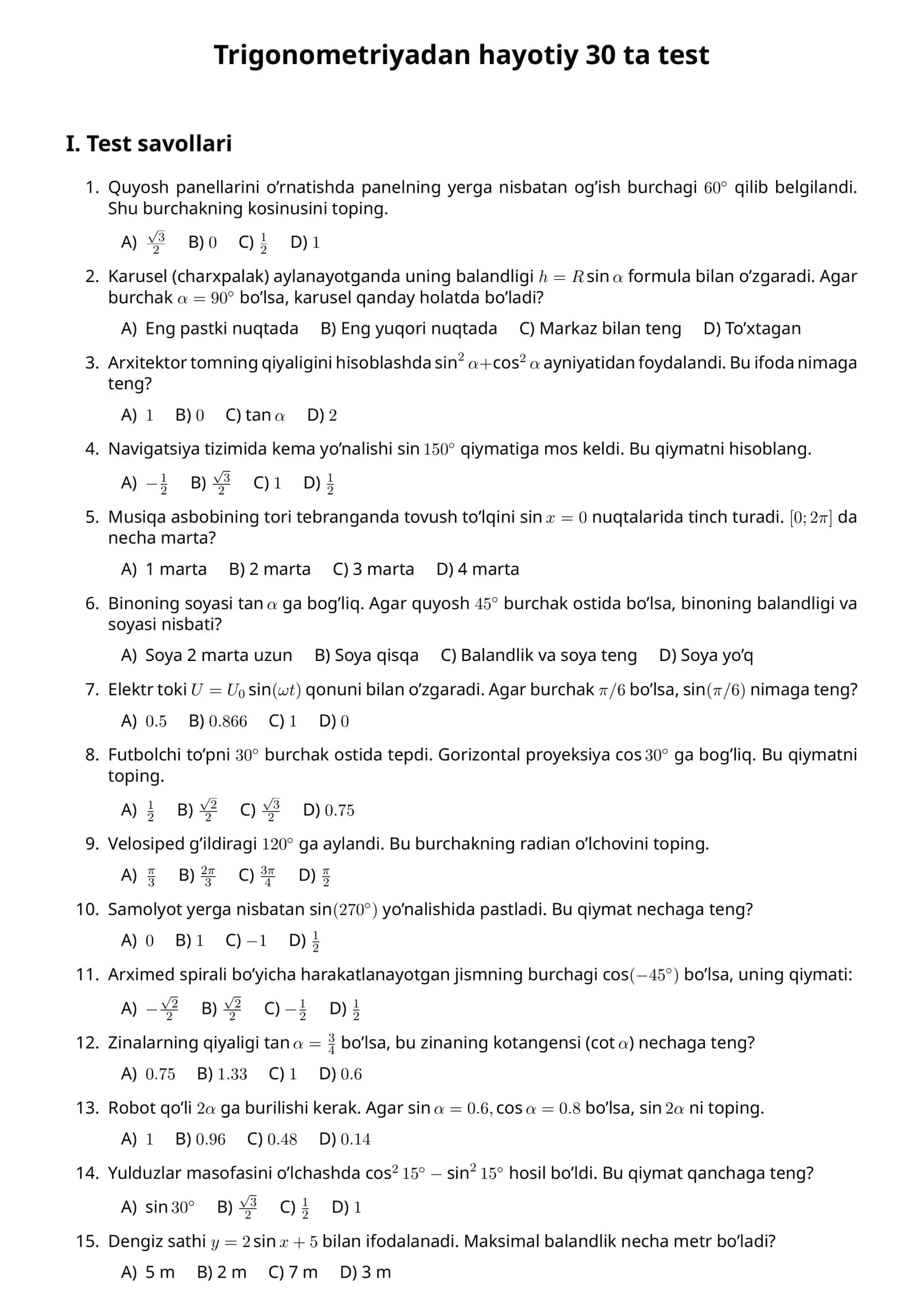 Trigonometriyadan hayotiy 30 ta test