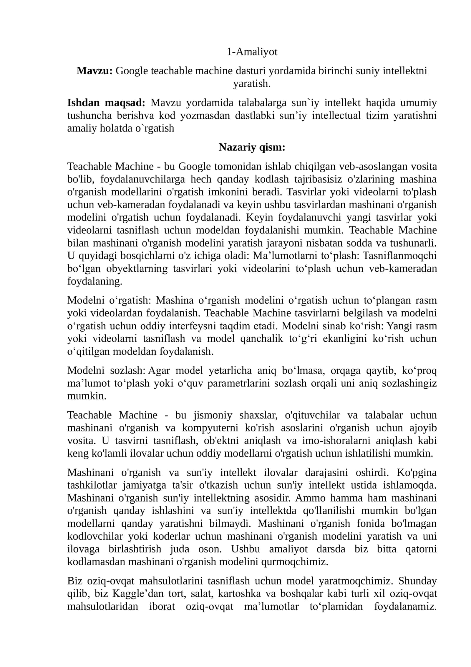 Google teachable machine dasturi yordamida birinchi suniy intellektni yaratish