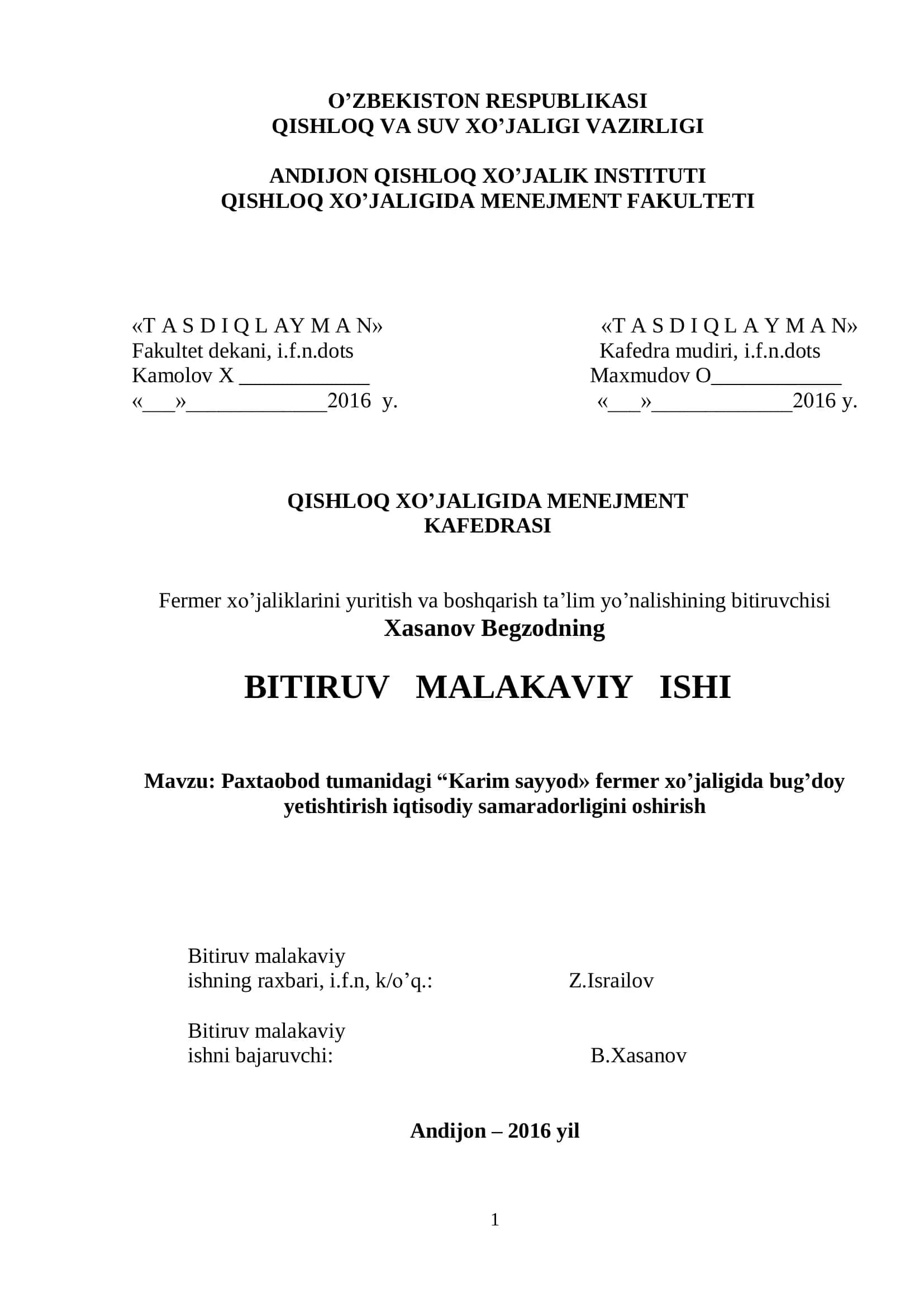 Fermer xo’jaliklarida bug’doy yetishtirish iqtisodiy samaradorligini oshirish