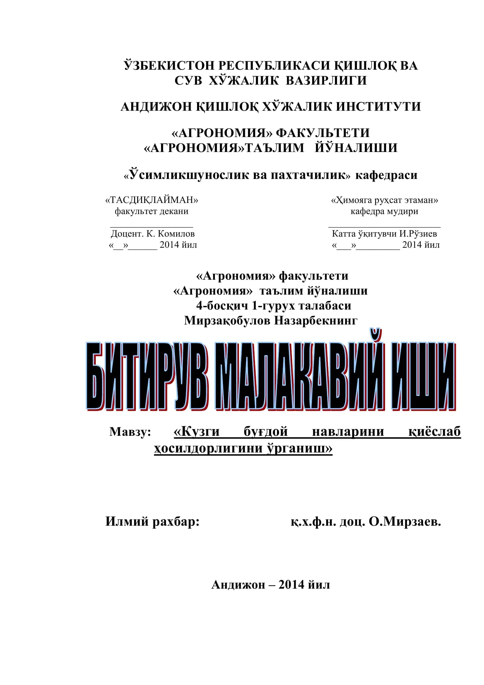Кузги буғдой навларини қиёслаб ҳосилдорлигини ўрганиш