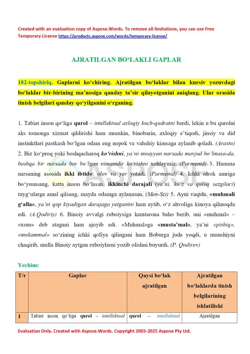 Ajratilgan bo‘lakli gaplar – amaliy ishlar to‘plami
