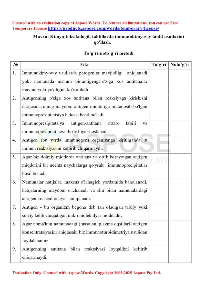 14. Kimyo-toksikologik tahlillarda immunokimyoviy tahlil usullarini qo'llash. To'g'ri-noto'g'ri metodi 1-xil.