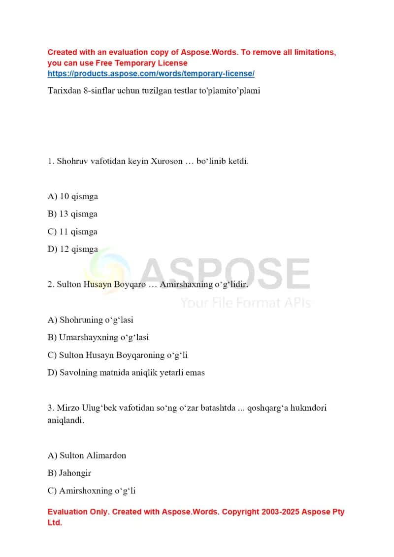 Tarixdan testlar