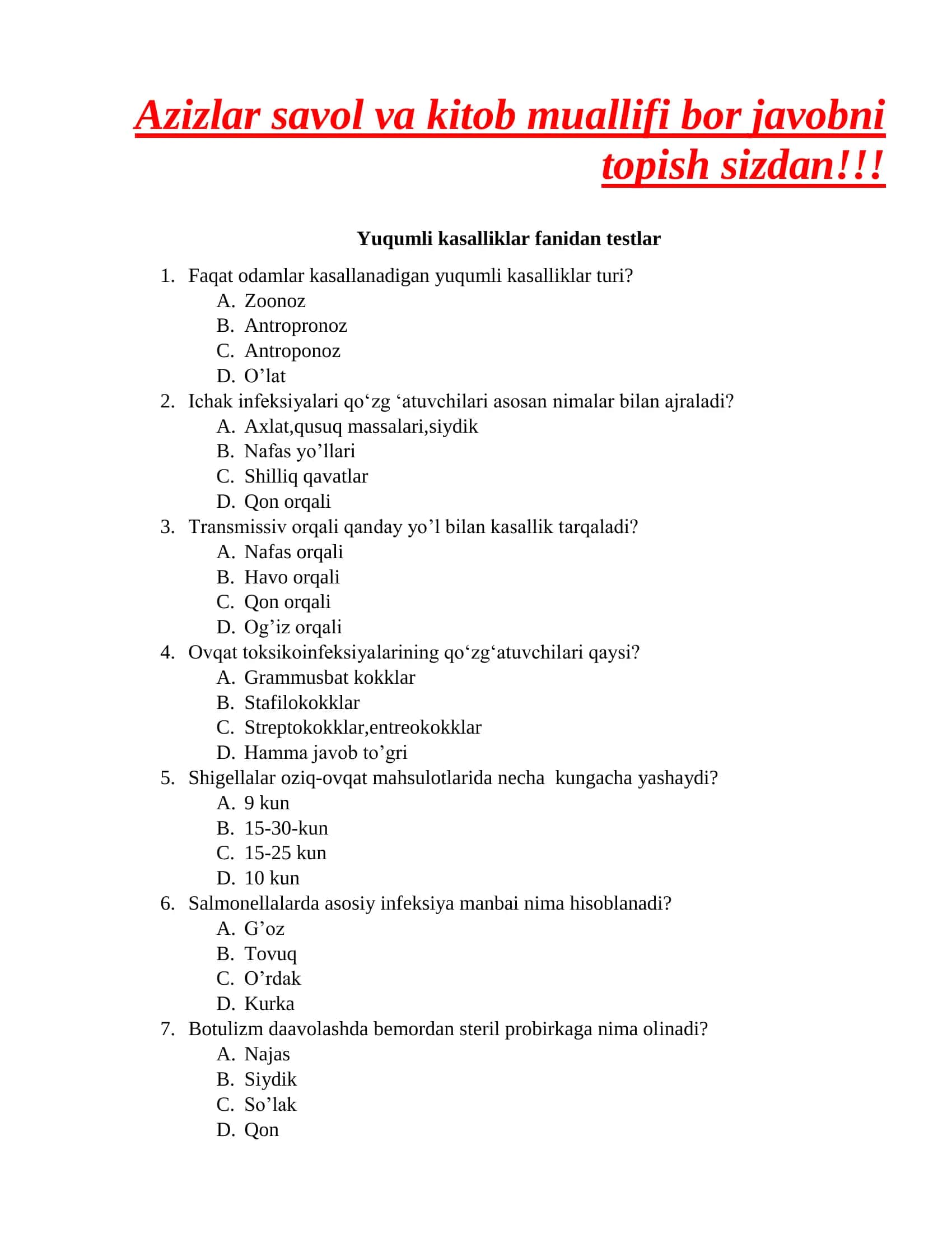 Yuqumli kasalliklar fanidan testlar