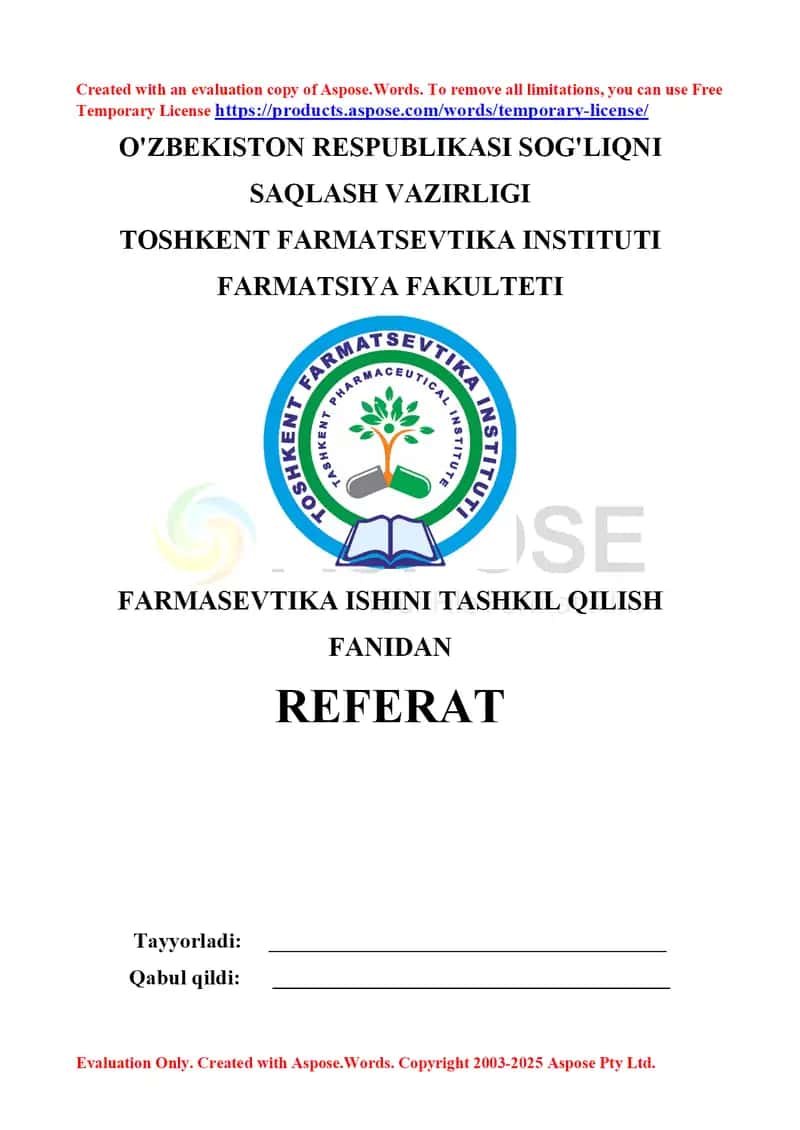 6. Nostandart dori vositalari va tibbiy buyumlarni yo’q qilish tartibi. Referat 7 bet.