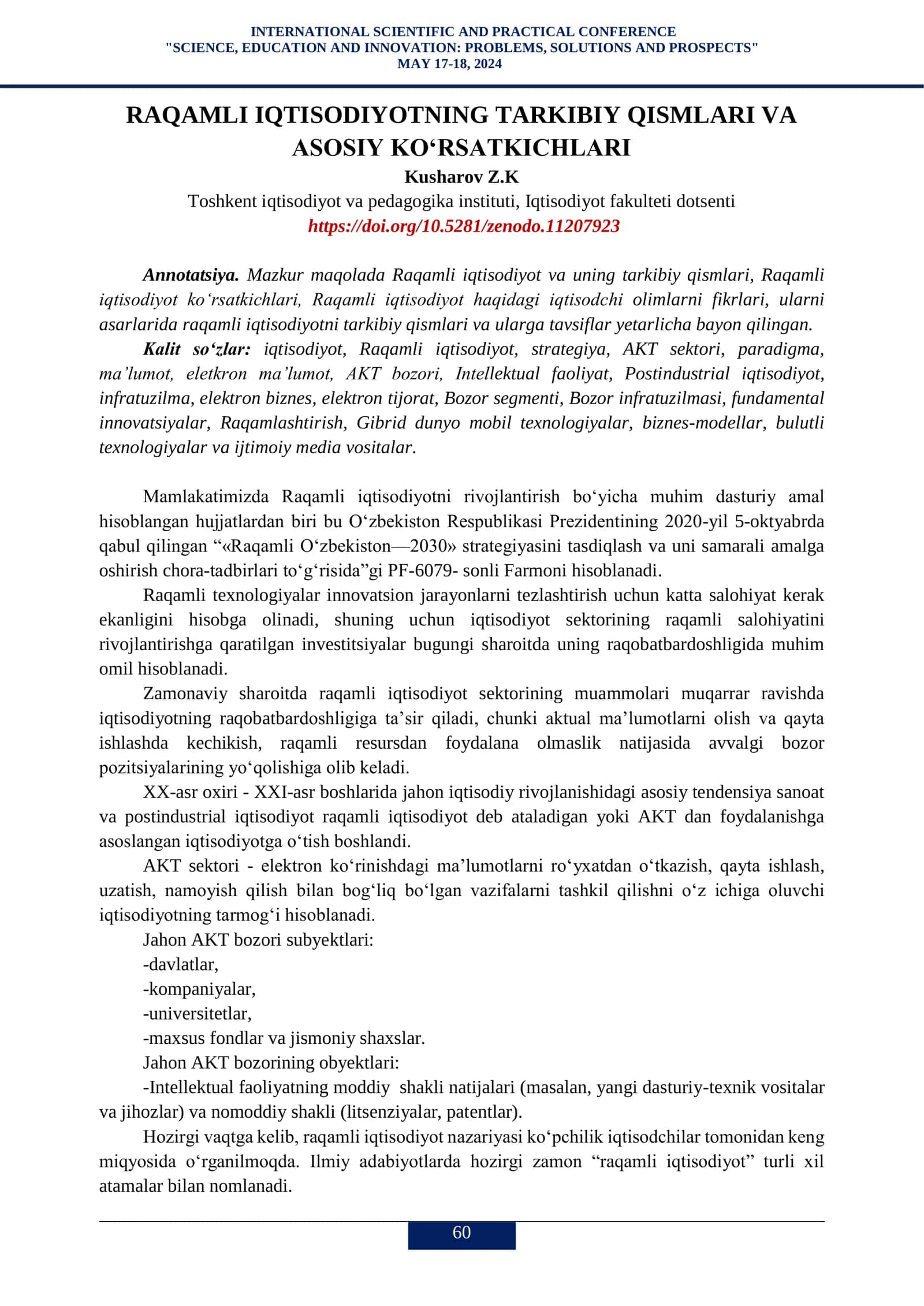 RAQAMLI IQTISODIYOTNING TARKIBIY QISMLARI VA ASOSIY KO‘RSATKICHLARI