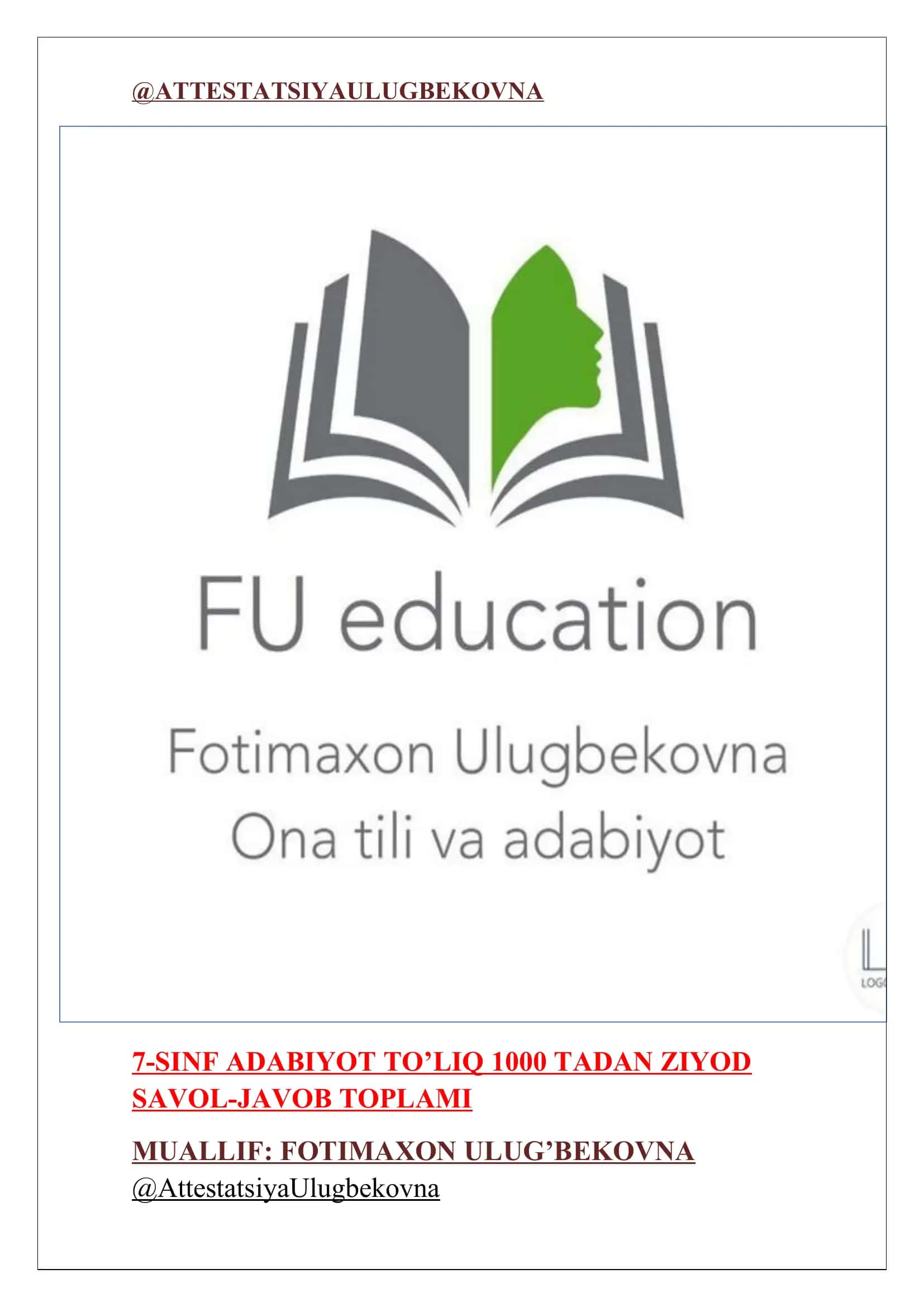 7-SINF ADABIYOT TO’LIQ 1000 TADAN ZIYOD SAVOL-JAVOB TOPLAMI