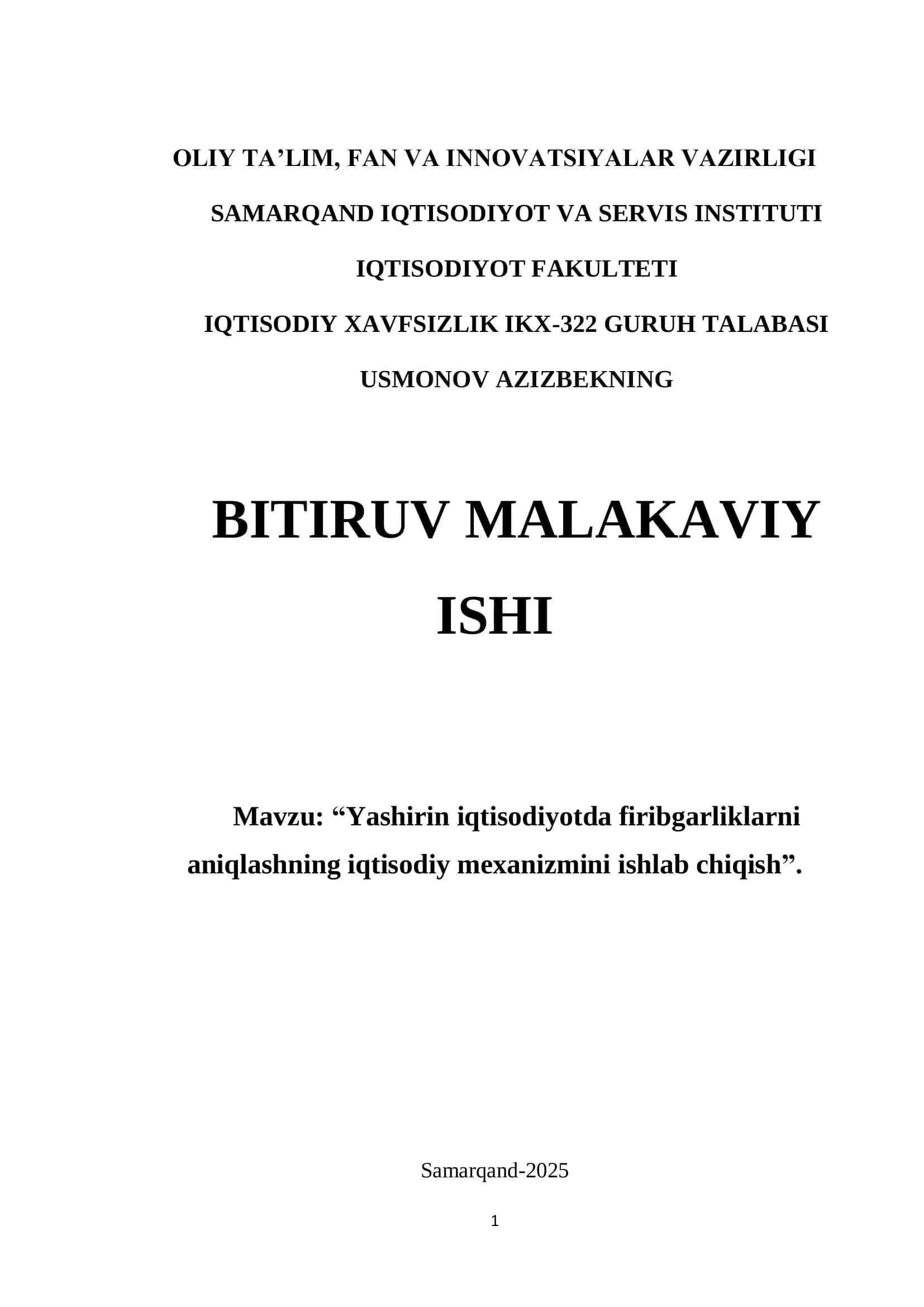 IQTISODIY XAVFSIZLIK IKX-322 GURUH TALABASI