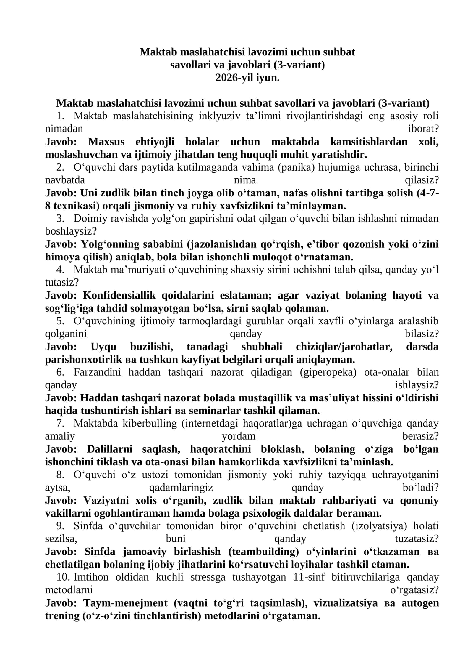 Maktab maslahatchisi lavozimi uchun suhbat savollari va javoblari (3-variant)