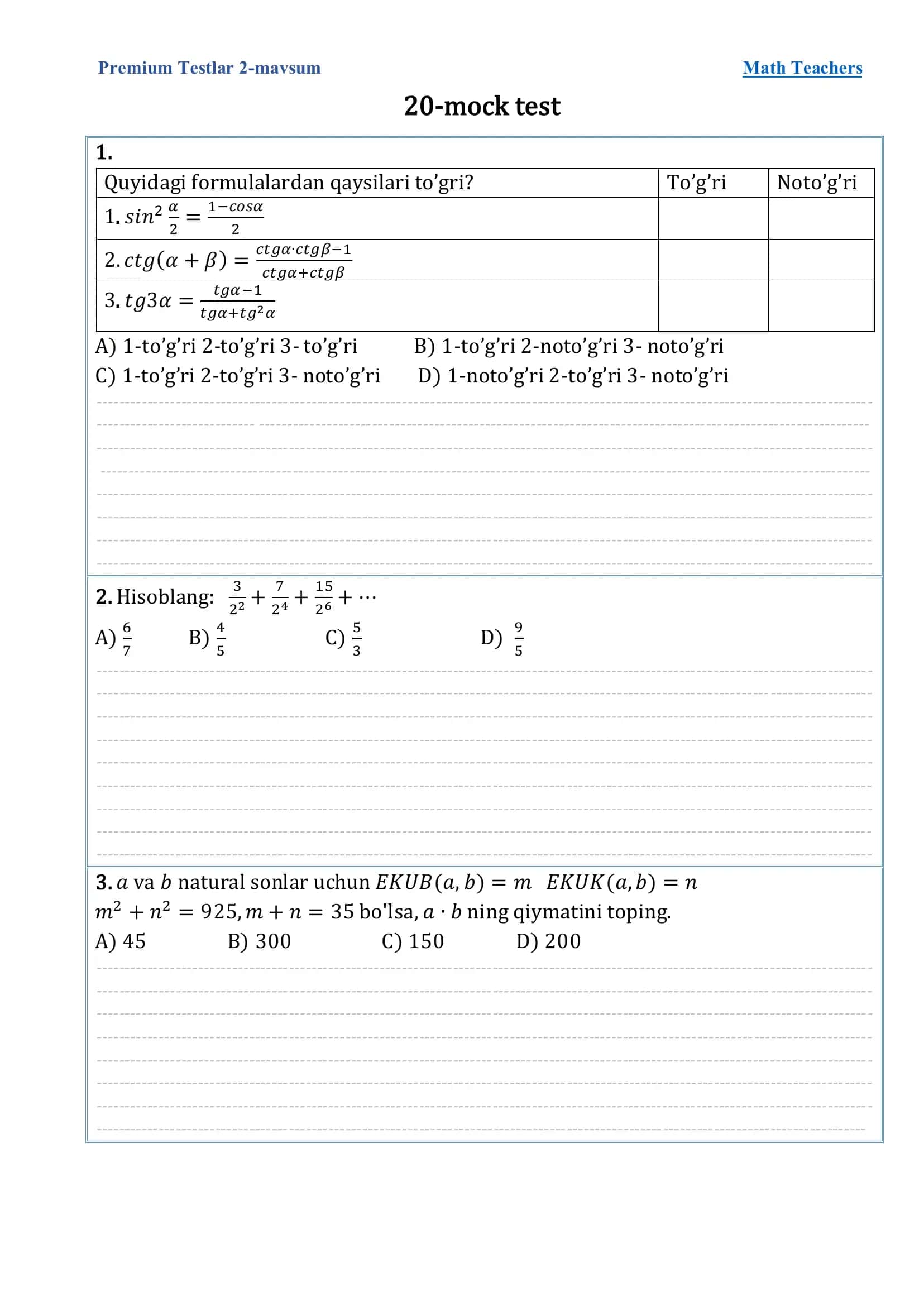 Premium Testlar 2-mavsum Math Teachers