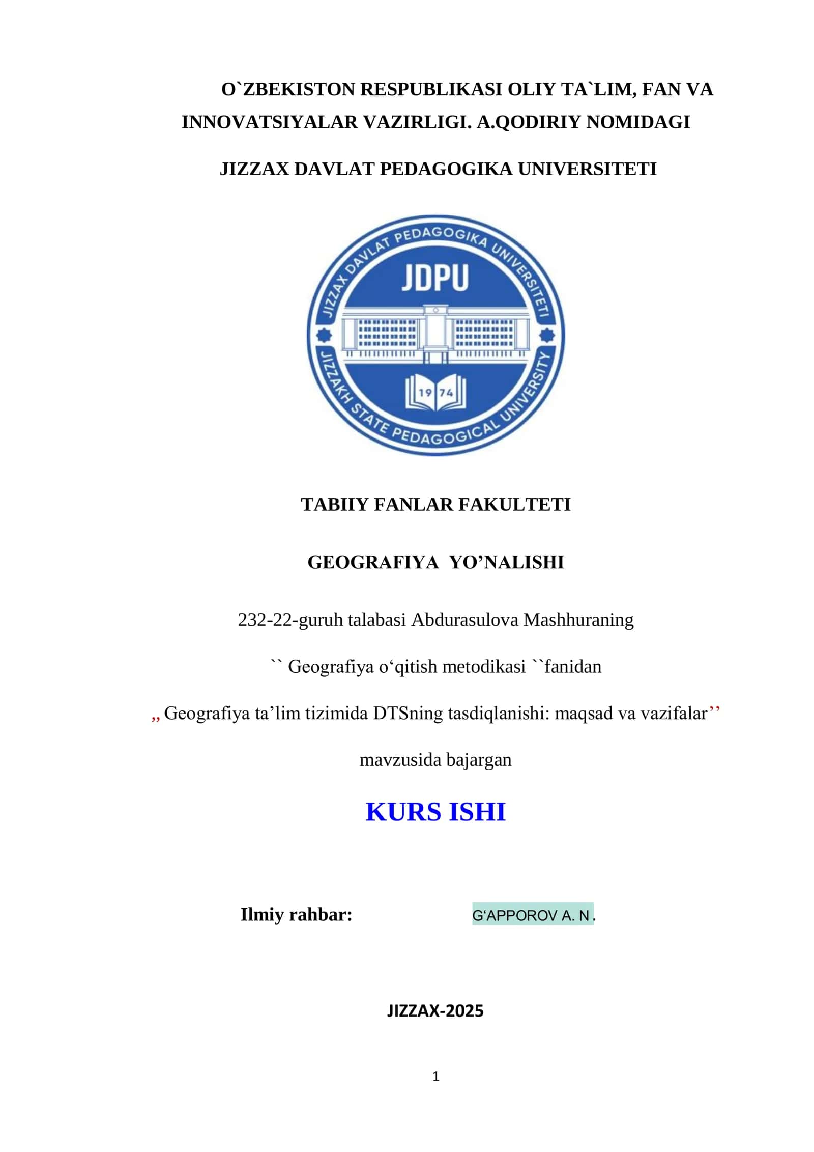 Geografiya o‗qitish metodikasi