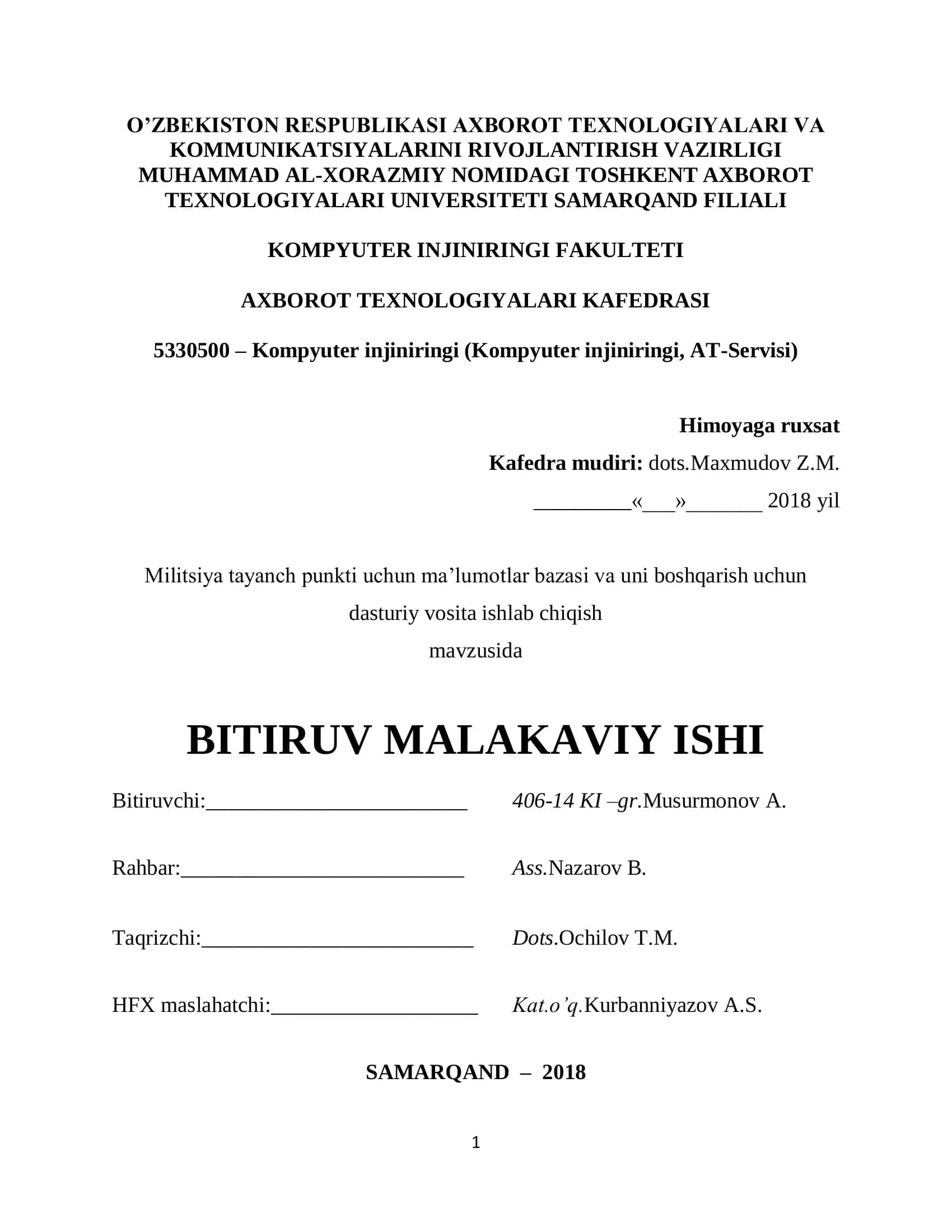 Ma'lumotlar bazasi va uni boshqarish uchun dasturiy vosita ishlab chiqish