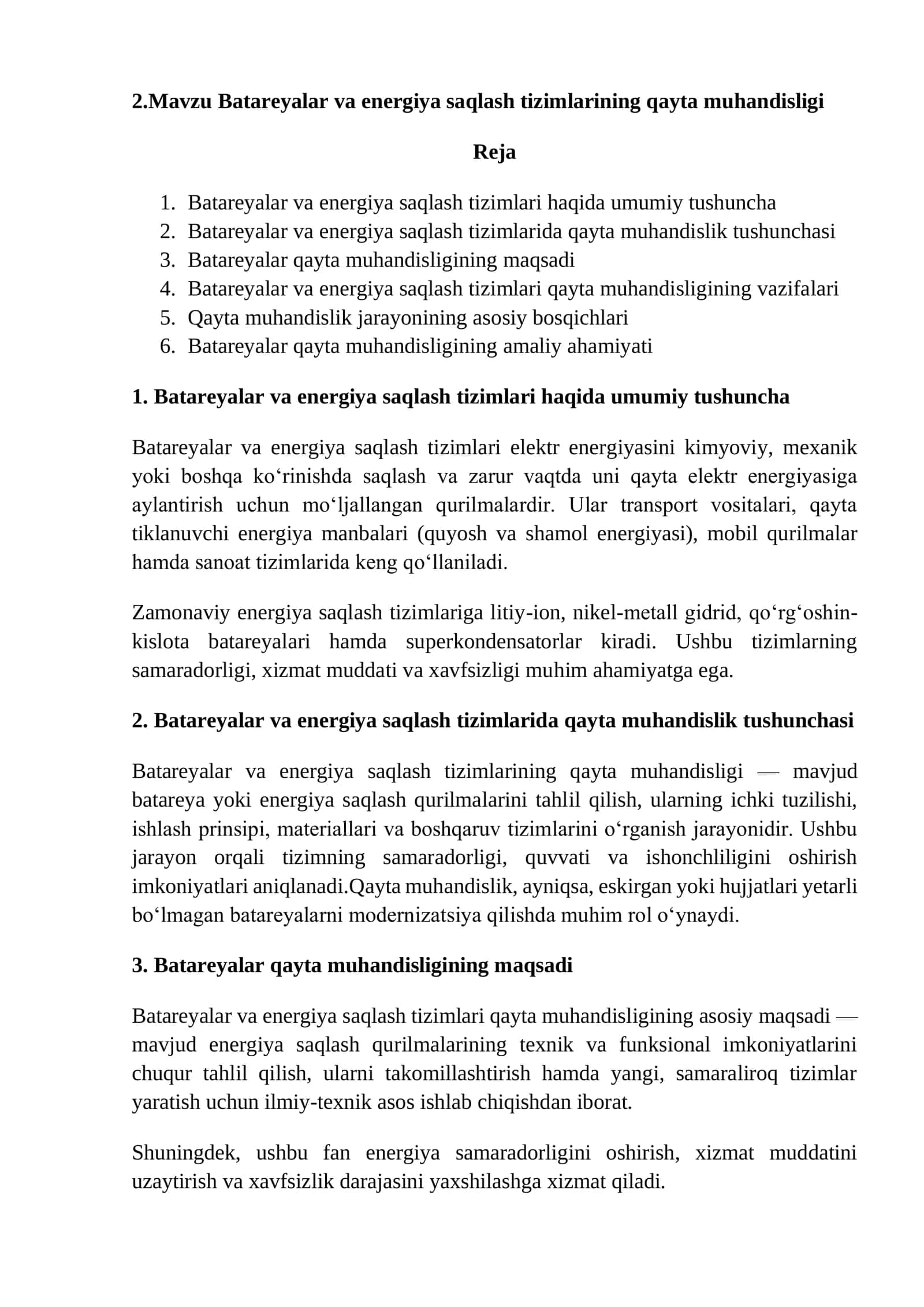 Batareyalar va energiya saqlash tizimlarining qayta muhandisligi