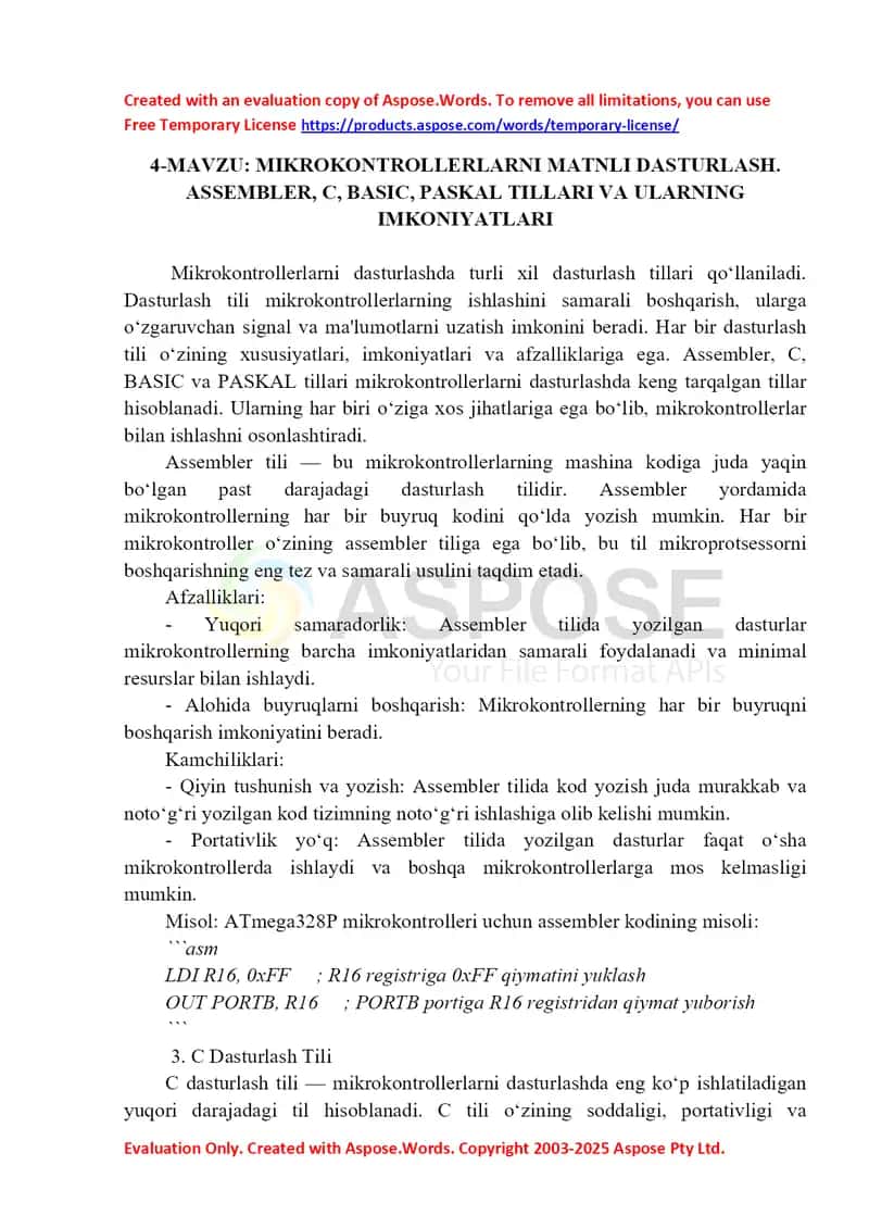 Mikrokontrollerlarni matnli dasturlash: Assembler, C, BASIC va PASKAL tillari va ularning imkoniyatlari