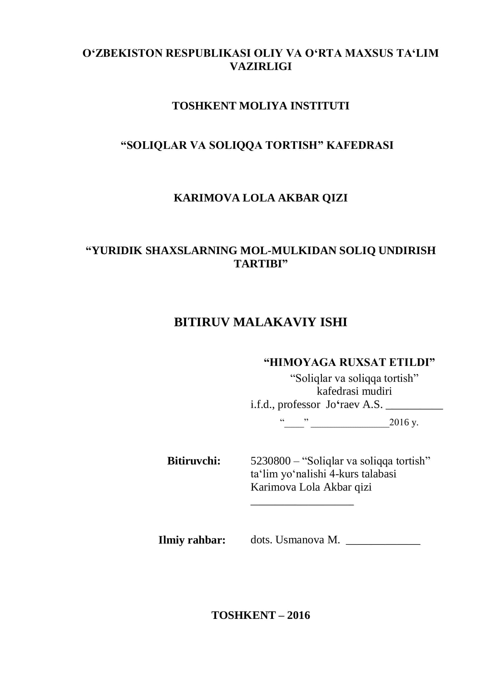 YURIDIK SHAXSLARNING MOL-MULKIDAN SOLIQ UNDIRISH TARTIBI