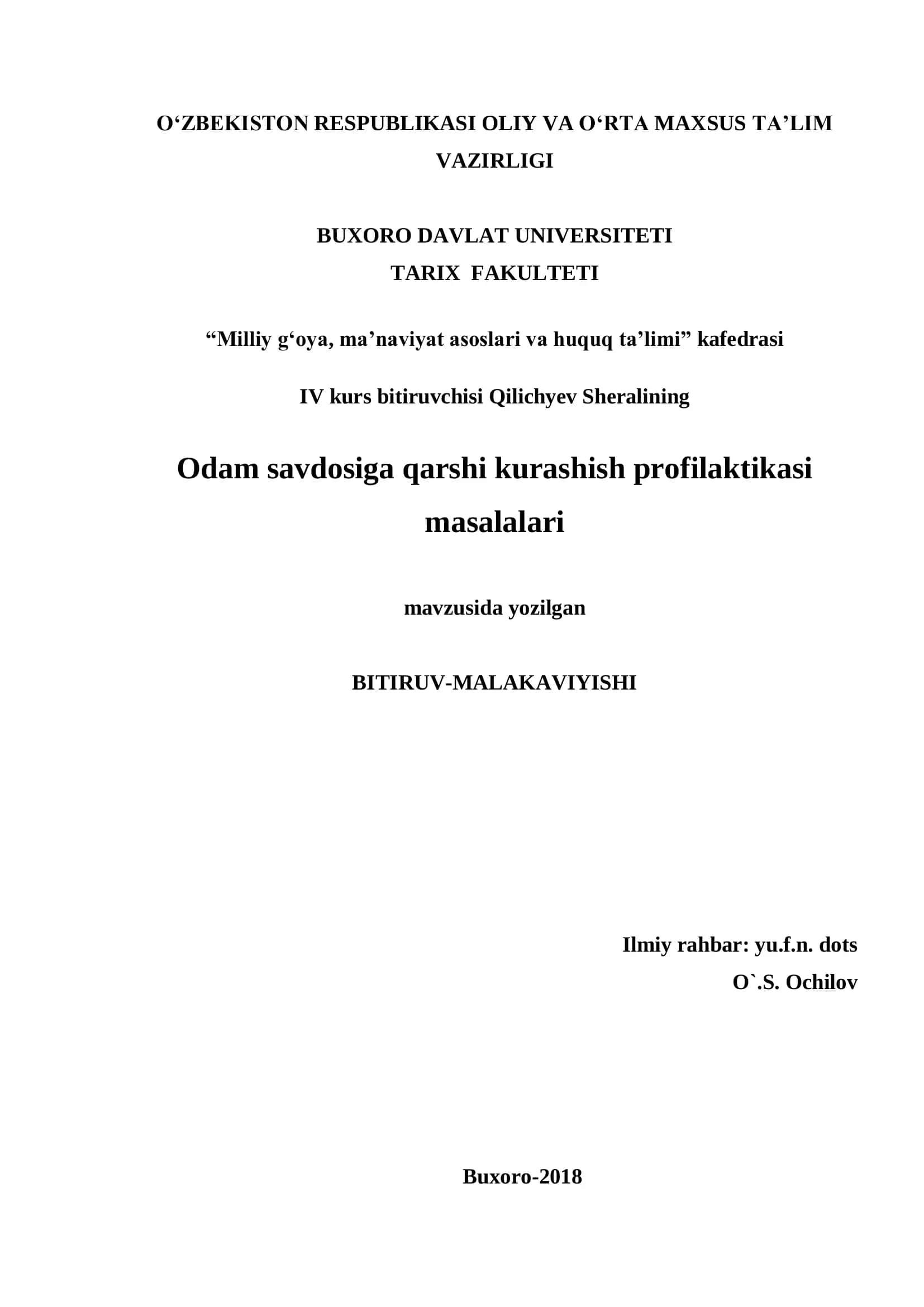 Odam savdosiga qarshi kurashish profilaktikasi masalalari