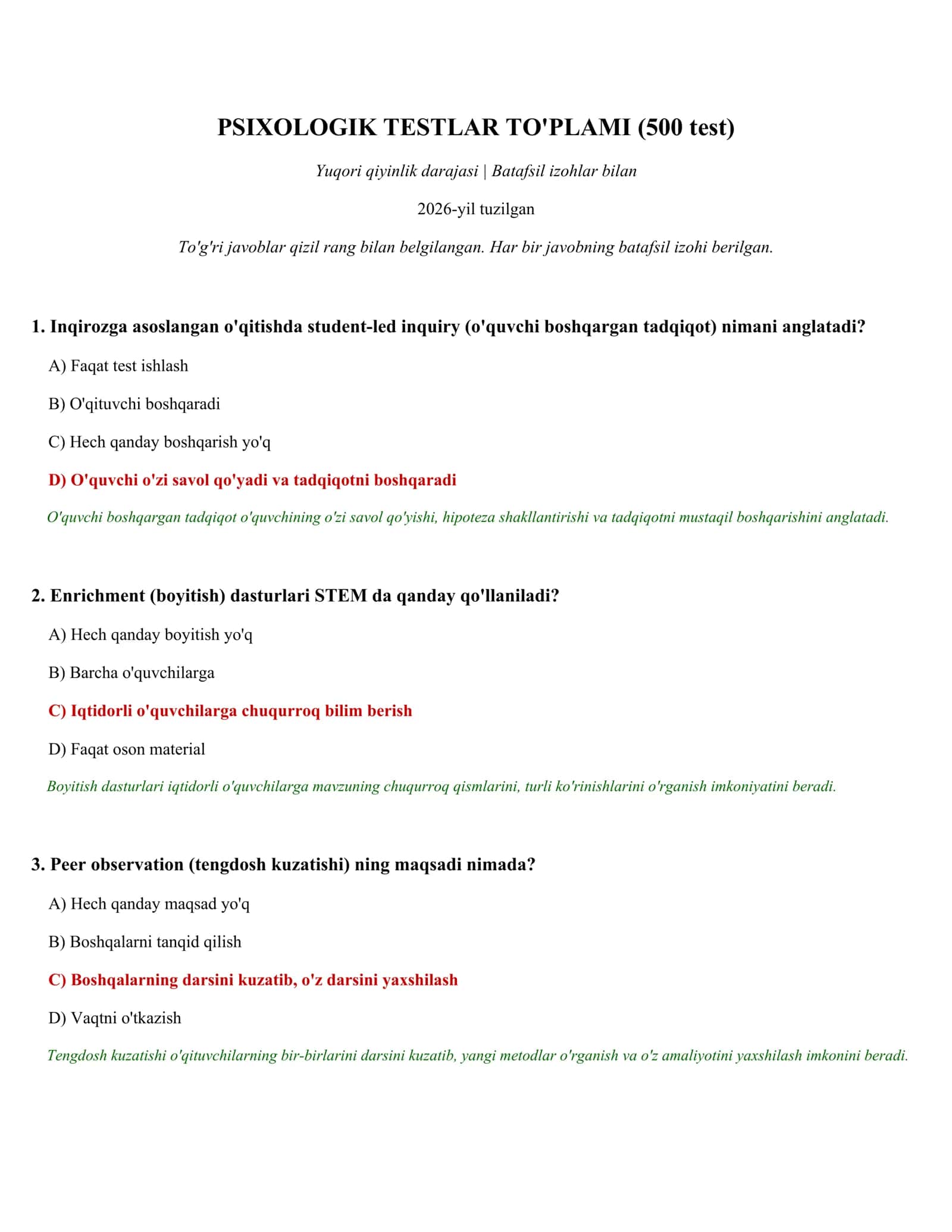 PSIXOLOGIK TESTLAR TO'PLAMI (500 test)