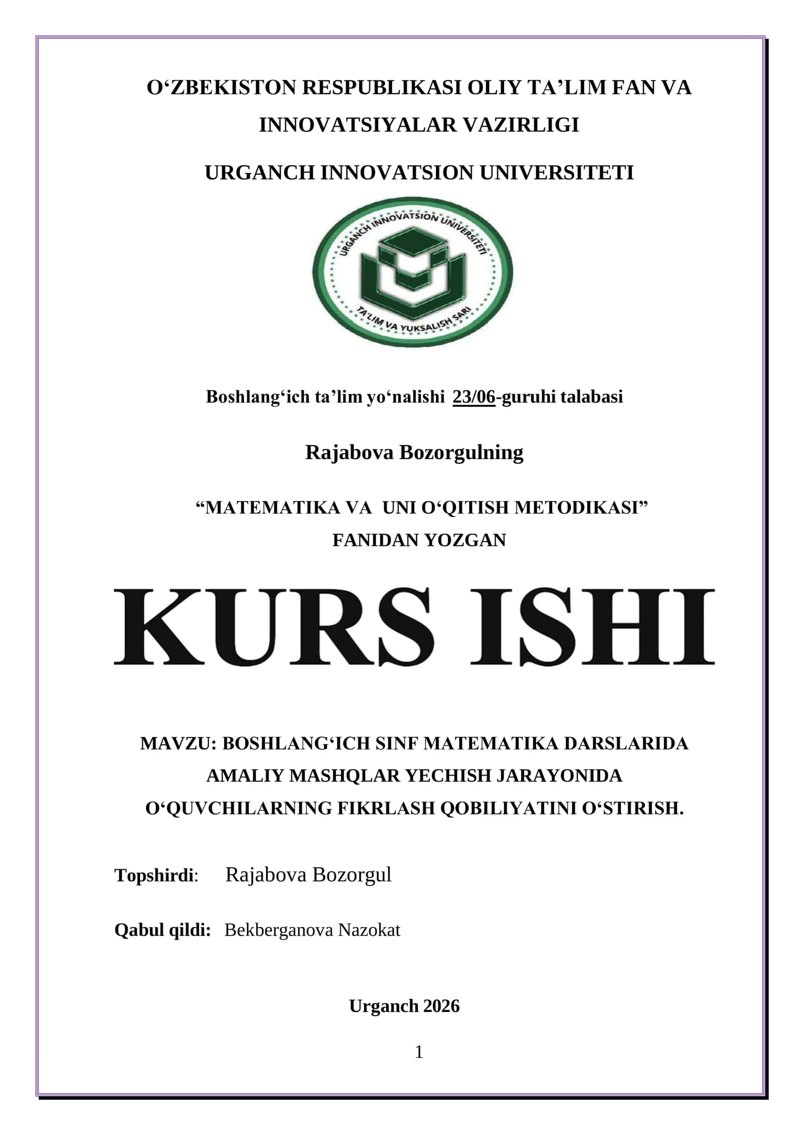 BOSHLANGʻICH SINF MATEMATIKA DARSLARIDA AMALIY MASHQLAR YECHISH JARAYONIDA OʻQUVCHILARNING FIKRLASH QOBILIYATINI OʻSTIRISH