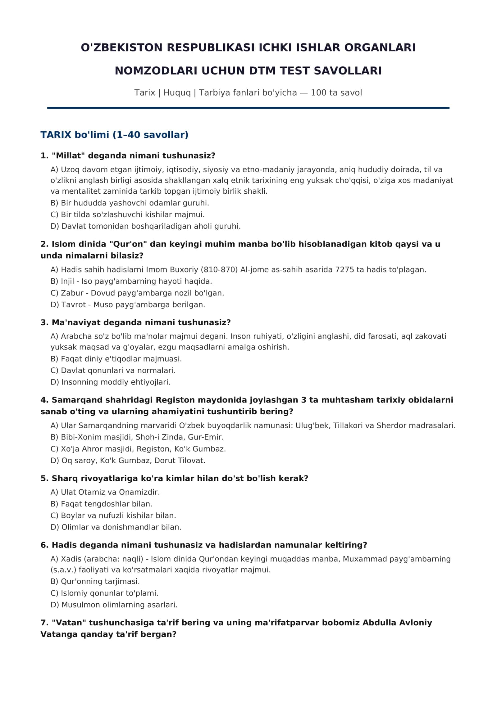 O'ZBEKISTON RESPUBLIKASI ICHKI ISHLAR ORGANLARI NOMZODLARI UCHUN DTM TEST SAVOLLARI 2026-2027