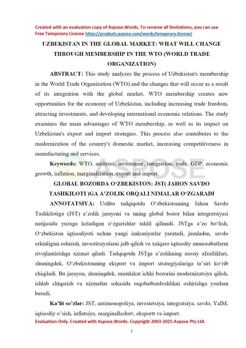 Uzbekistan in the Global Market: What Will Change Through Membership in the WTO (World Trade Organization)