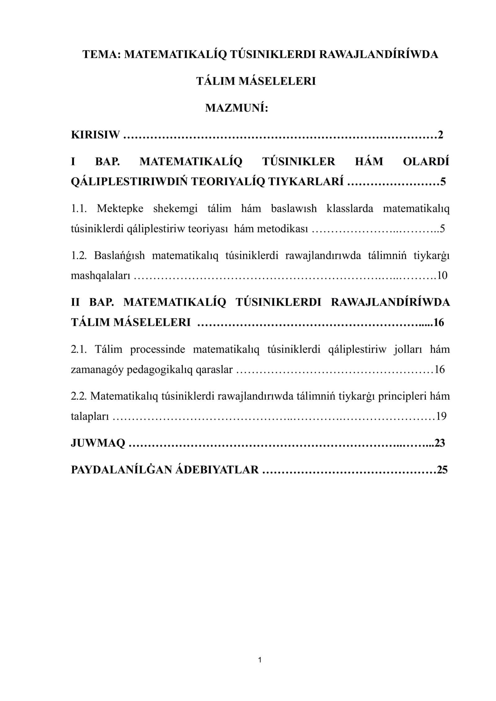 Matematikalıq túsiniklerdi rawajlandırıwda tálim máseleleri