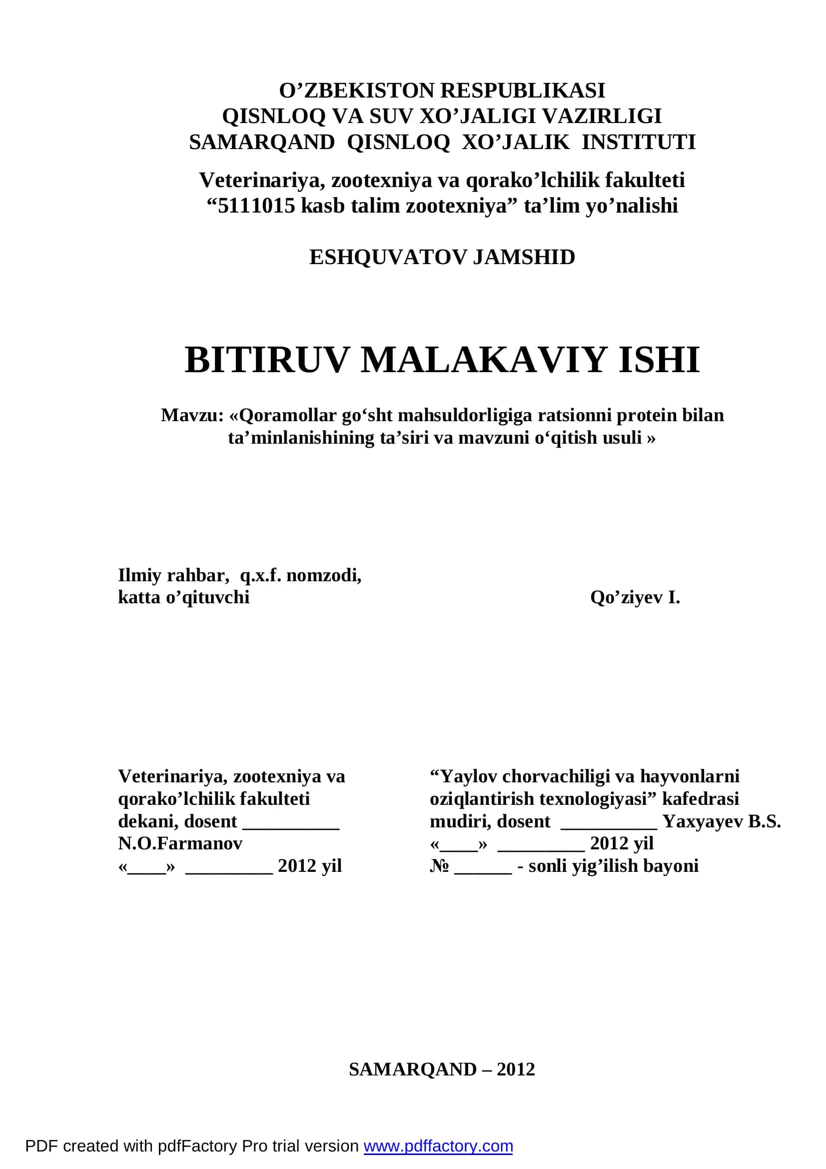 Qoramollar go‘sht mahsuldorligiga ratsionni protein bilan ta’minlanishining ta’siri va mavzuni o‘qitish usuli