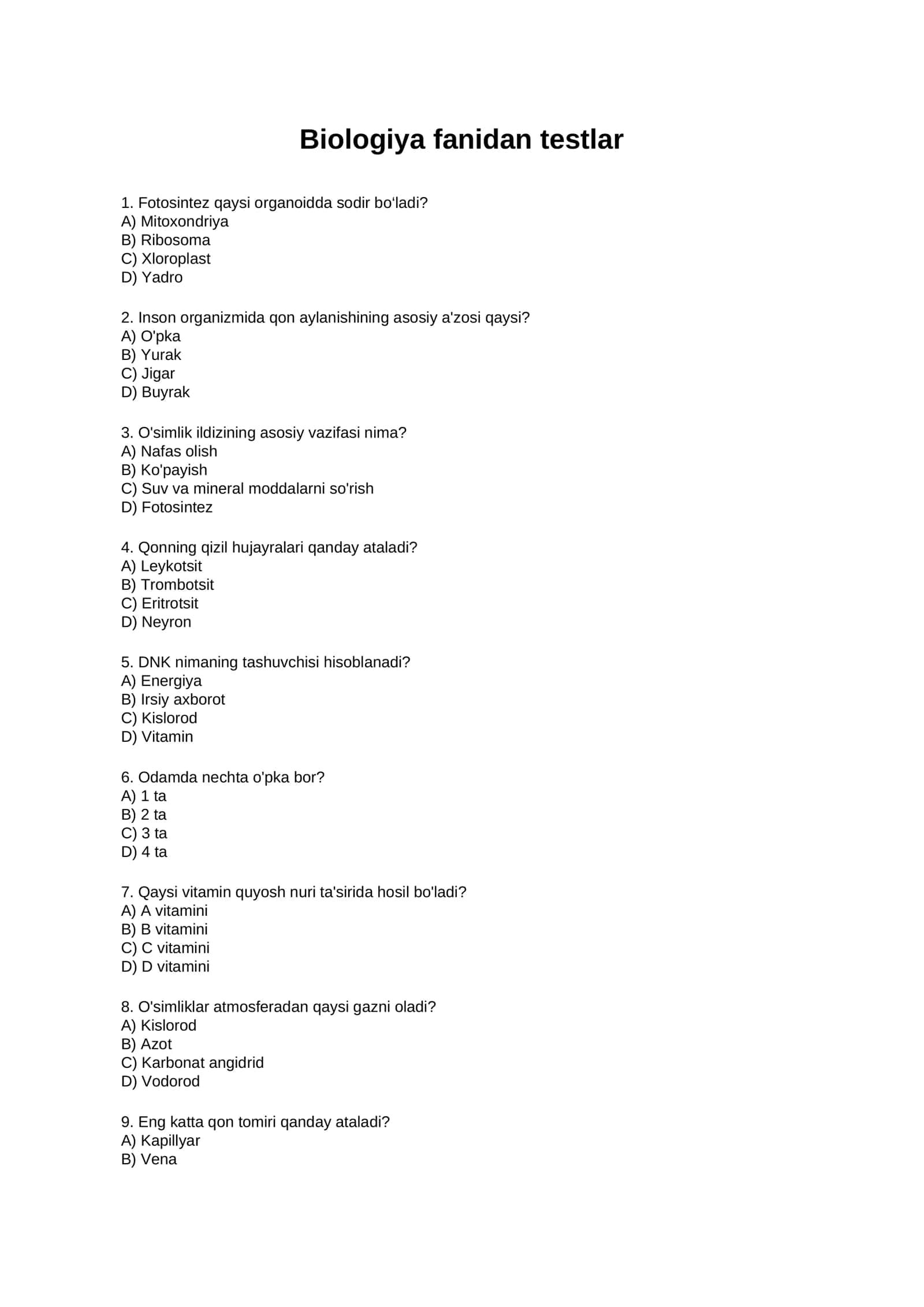 Biologiya fanidan testlar