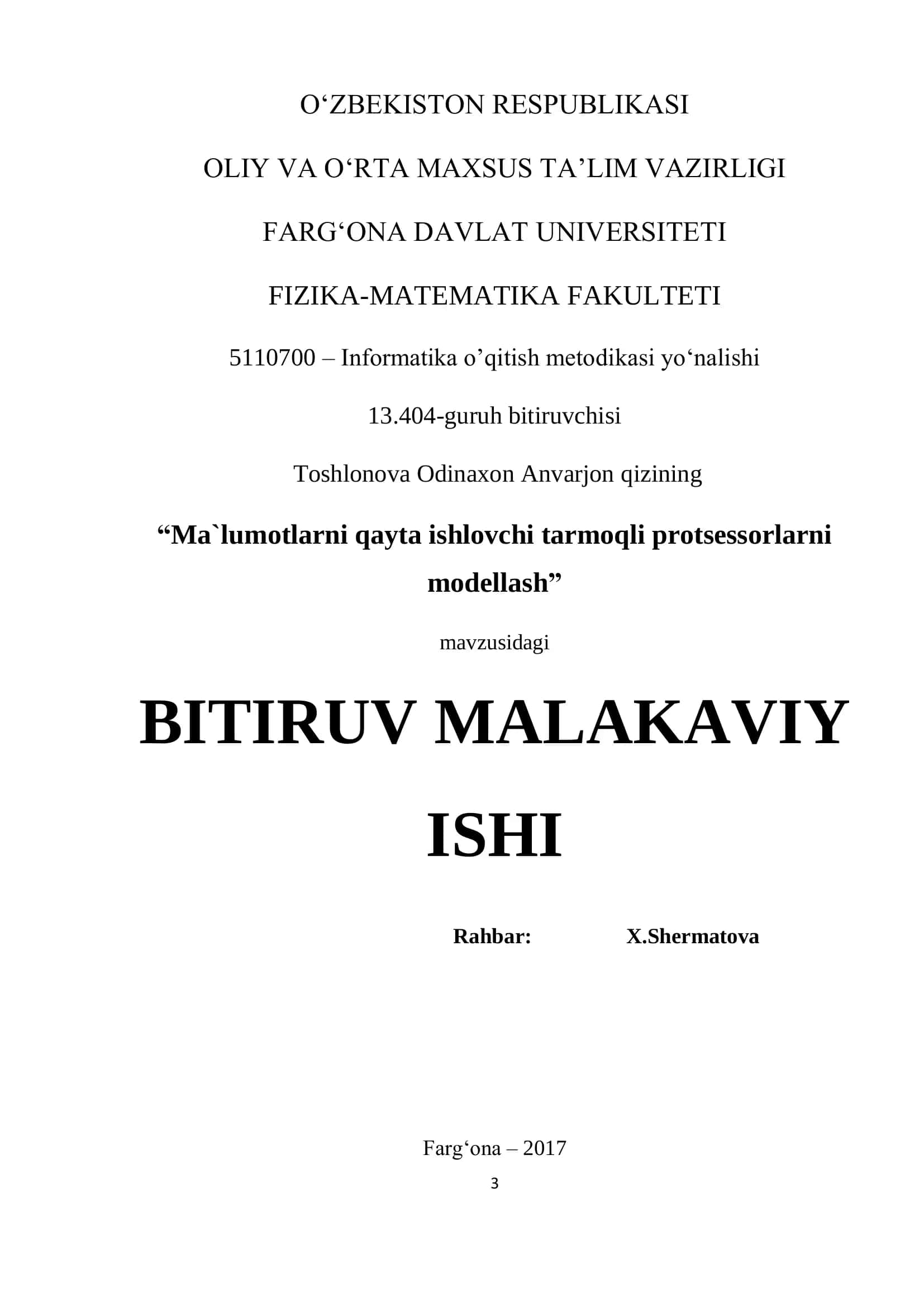 Ma`lumotlarni qayta ishlovchi tarmoqli protsessorlarni modellash