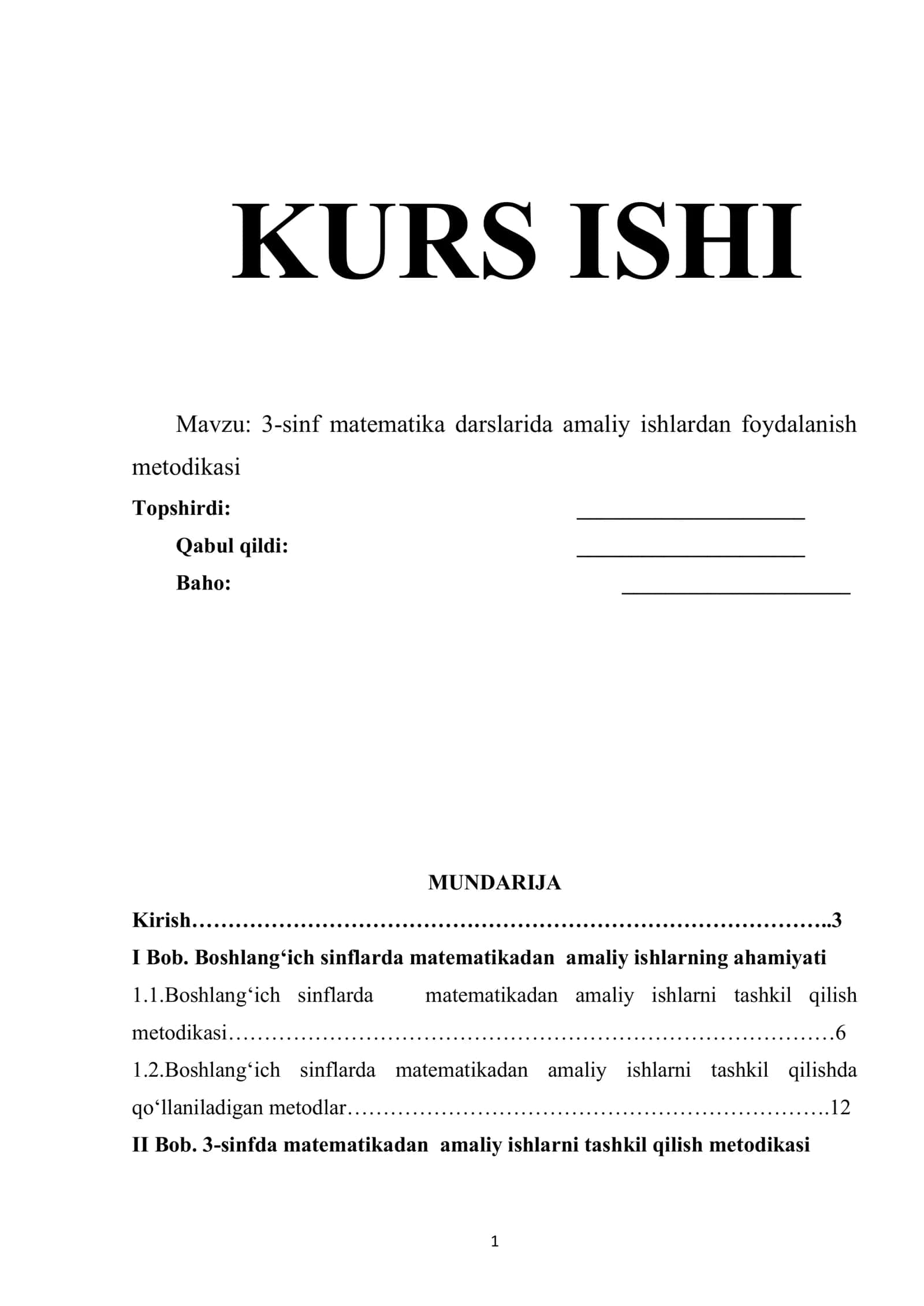 3-sinf matematika darslarida amaliy ishlardan foydalanish metodikasi