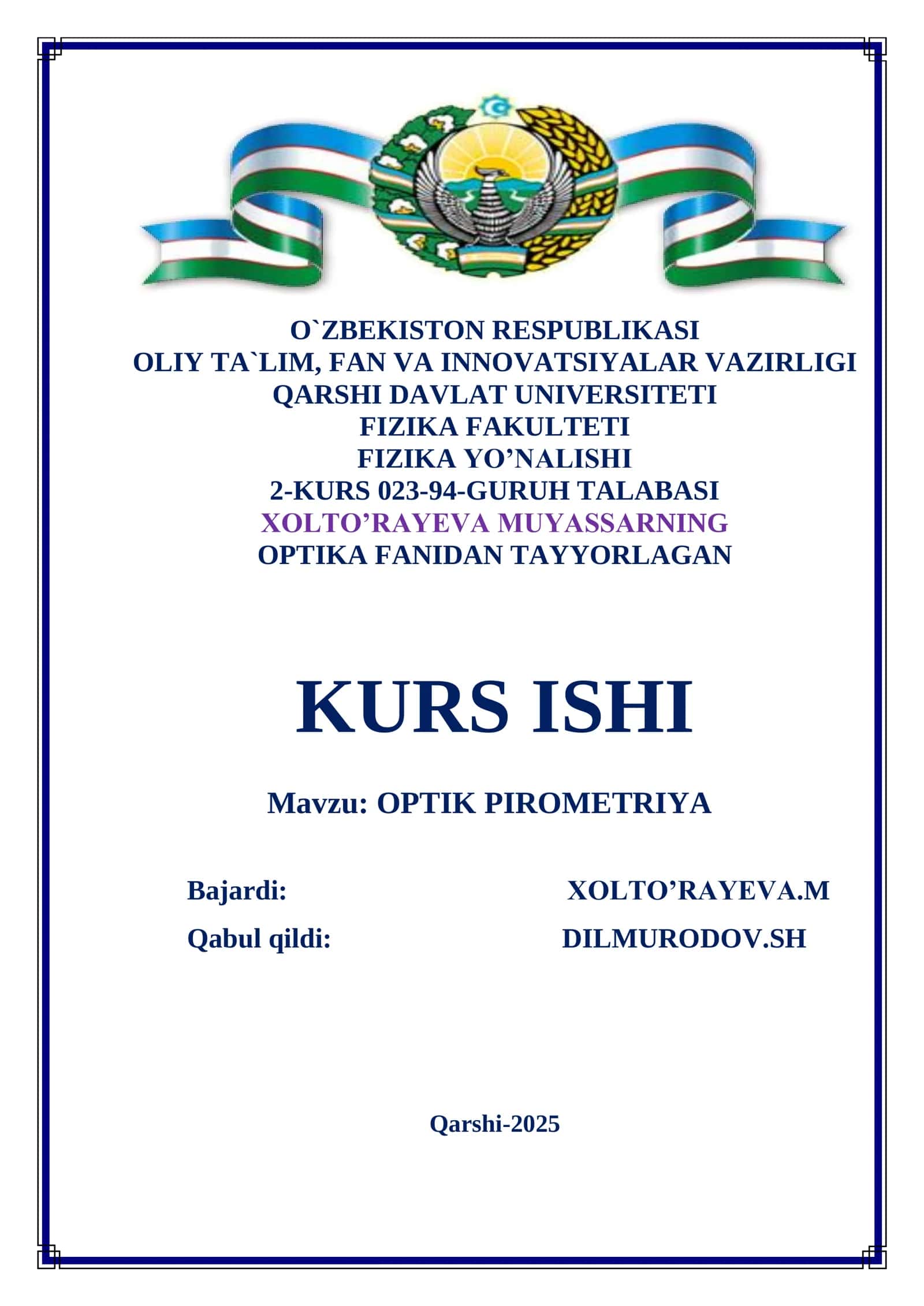OPTIK PIROMETRIYA mavzusida tayyor kurs ishi