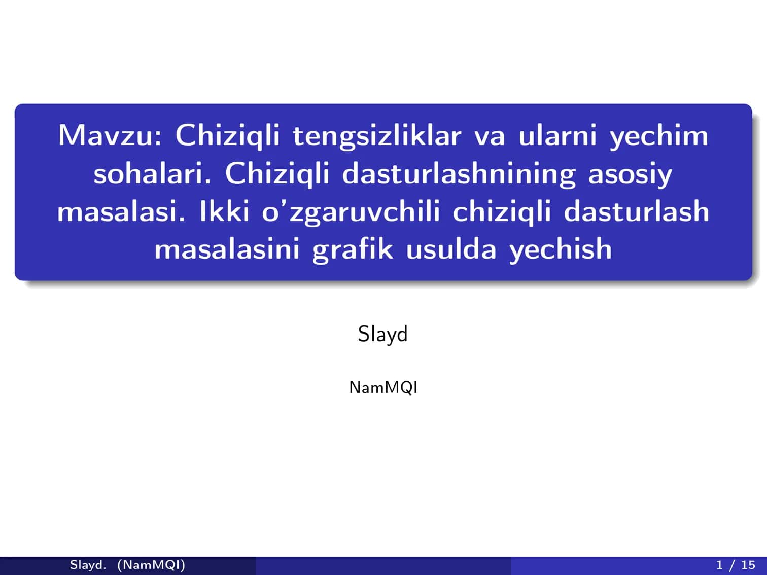 Chiziqli tengsizliklar va ularni yechim sohalari. Chiziqli dasturlashnining asosiy masalasi. Ikki o’zgaruvchili chiziqli dasturlash masalasini grafik usulda yechish