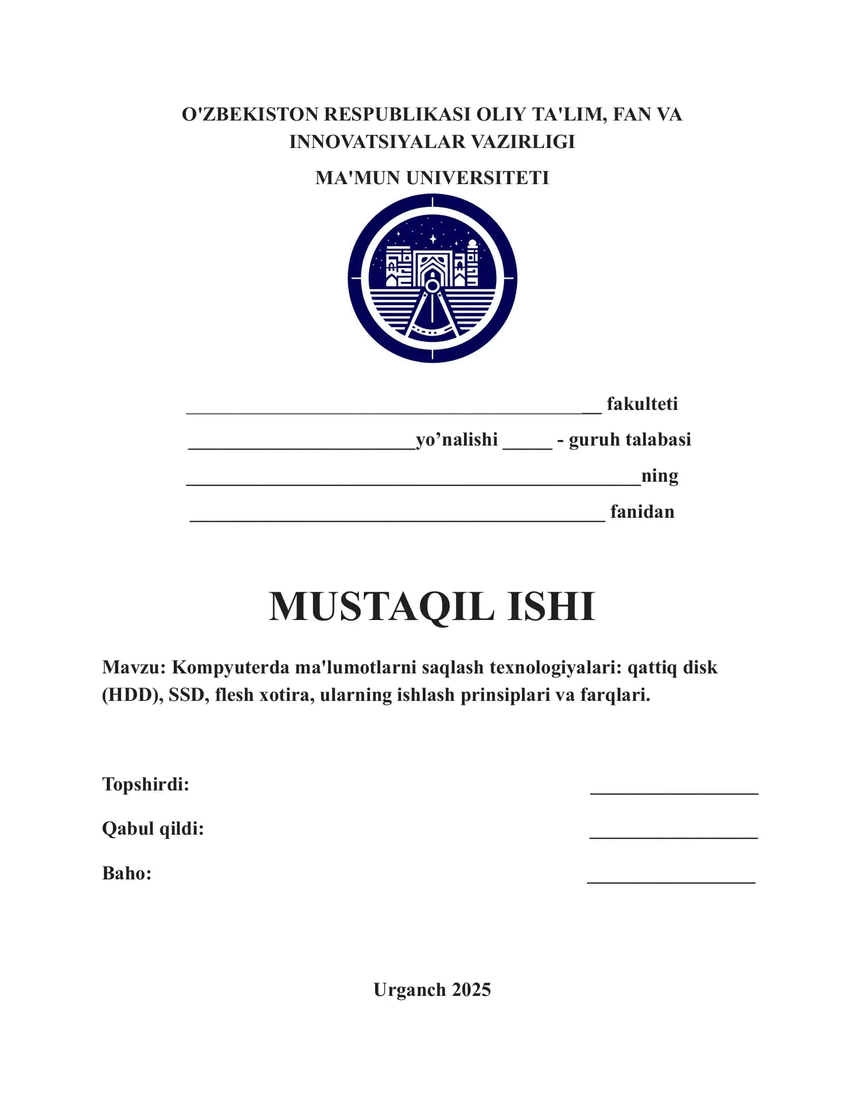 Kompyuterda ma'lumotlarni saqlash texnologiyalari: qattiq disk (HDD), SSD, flesh xotira, ularning ishlash prinsiplari va farqlari