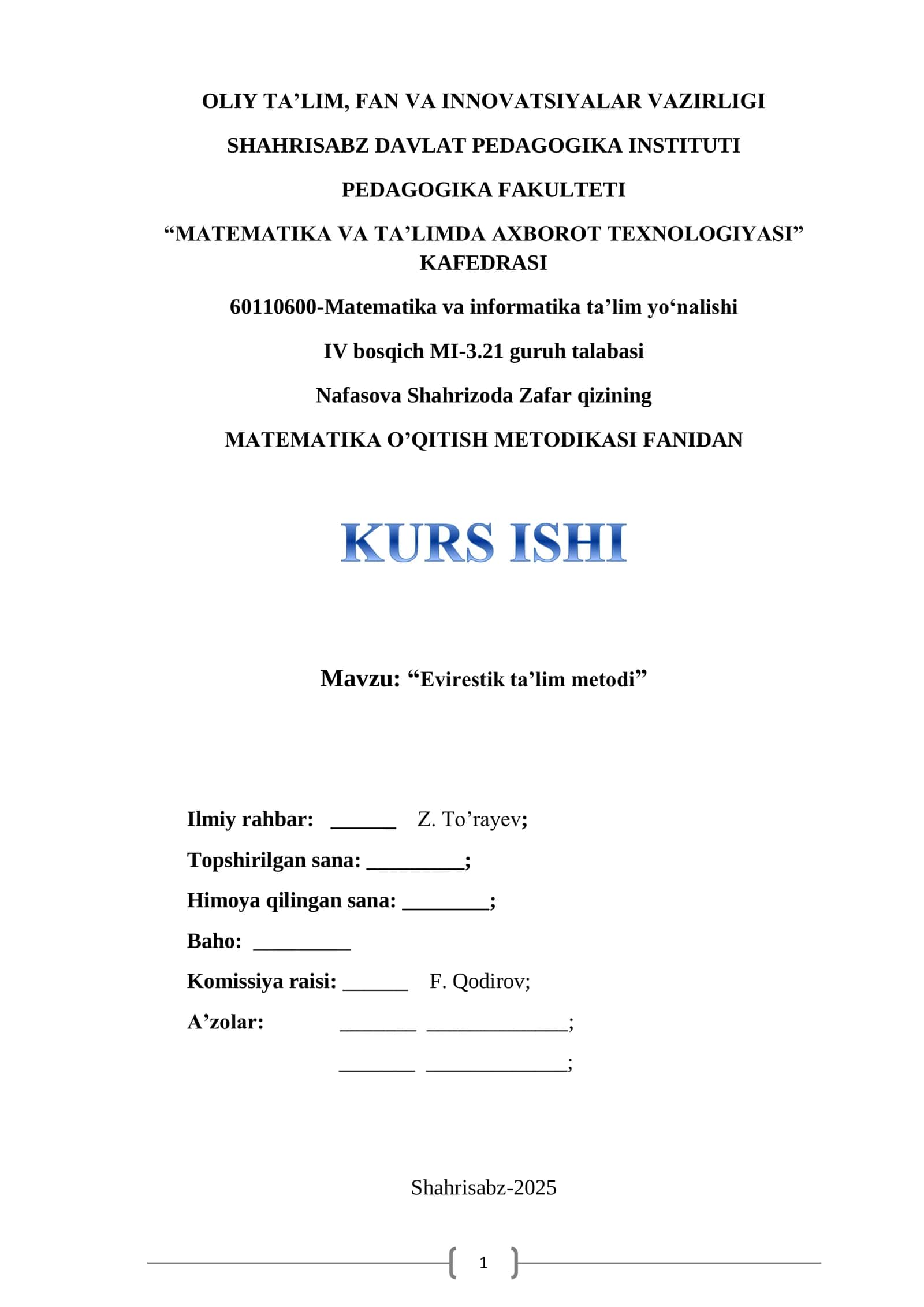 MATEMATIKA O‘QITISH METODIKASI FANIDAN KURS ISHI
